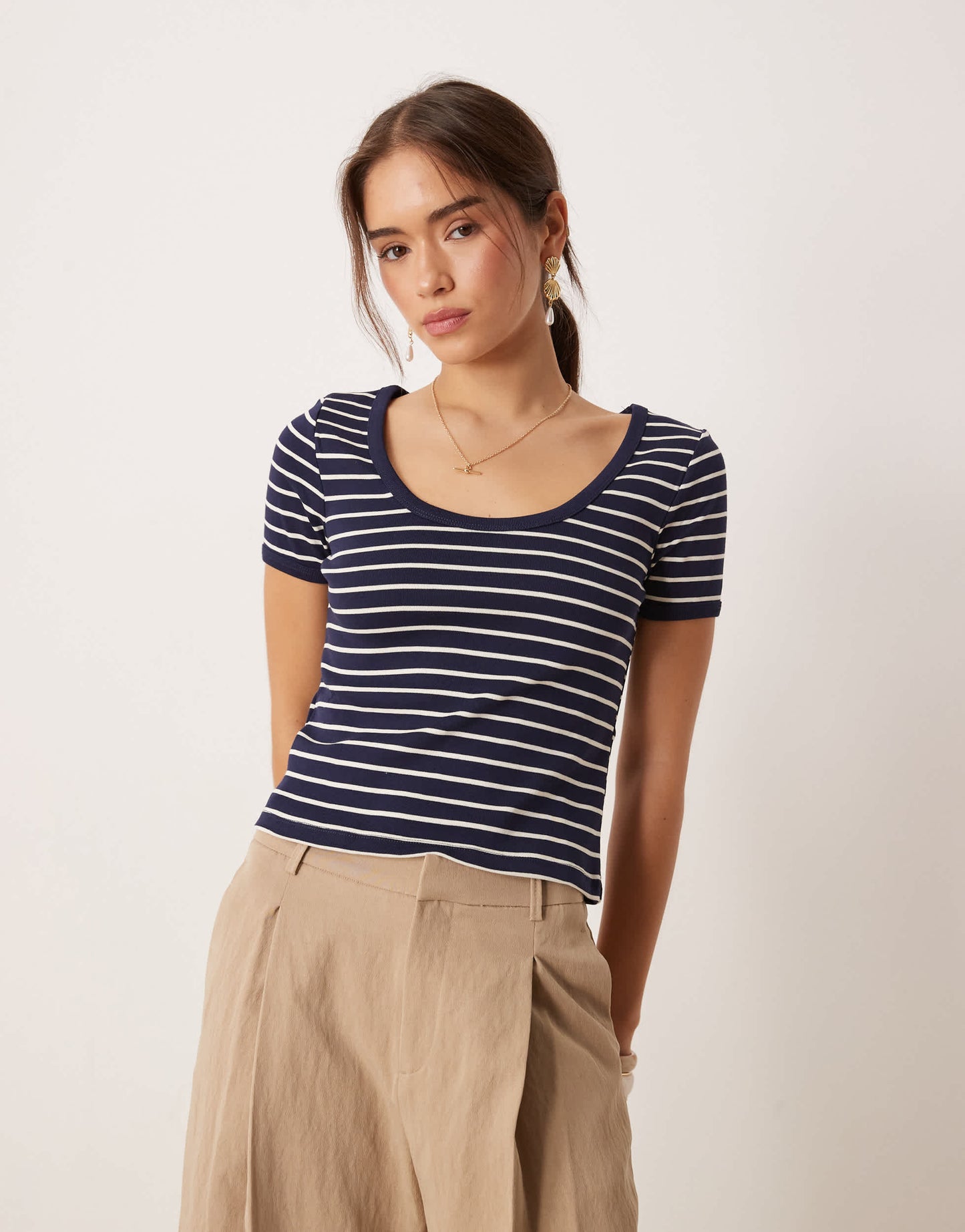 Mango cotton cropped round neck striped baby tee in navy