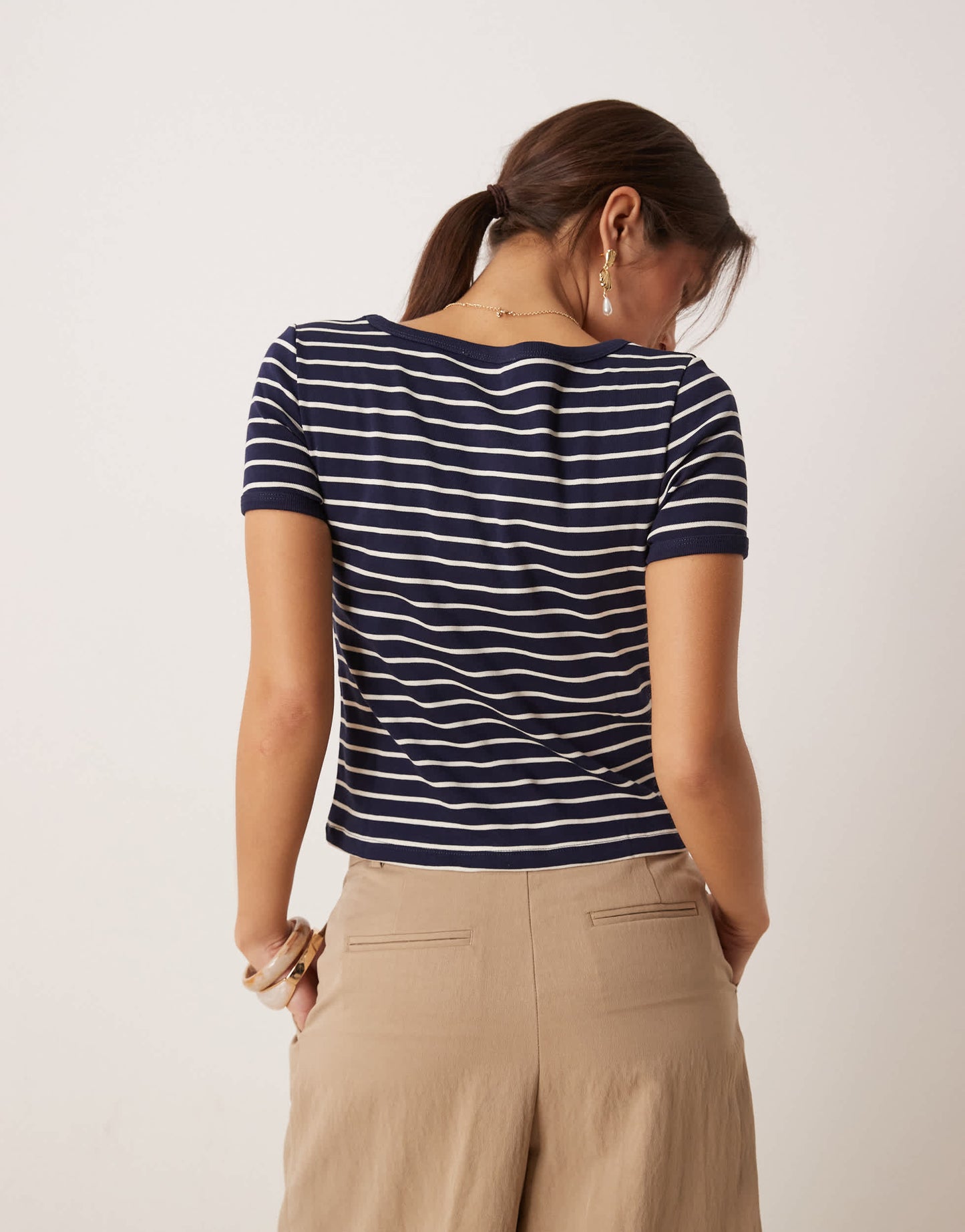 Mango cotton cropped round neck striped baby tee in navy