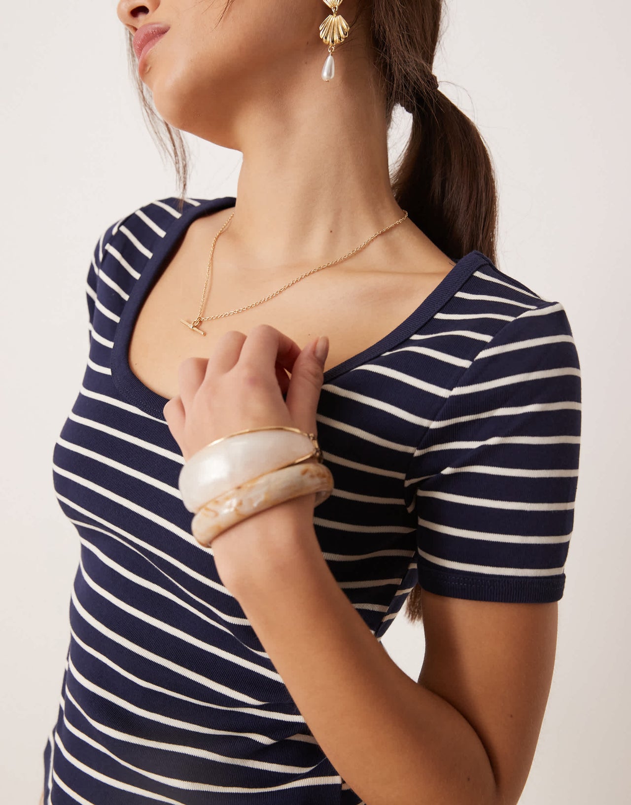 Mango cotton cropped round neck striped baby tee in navy