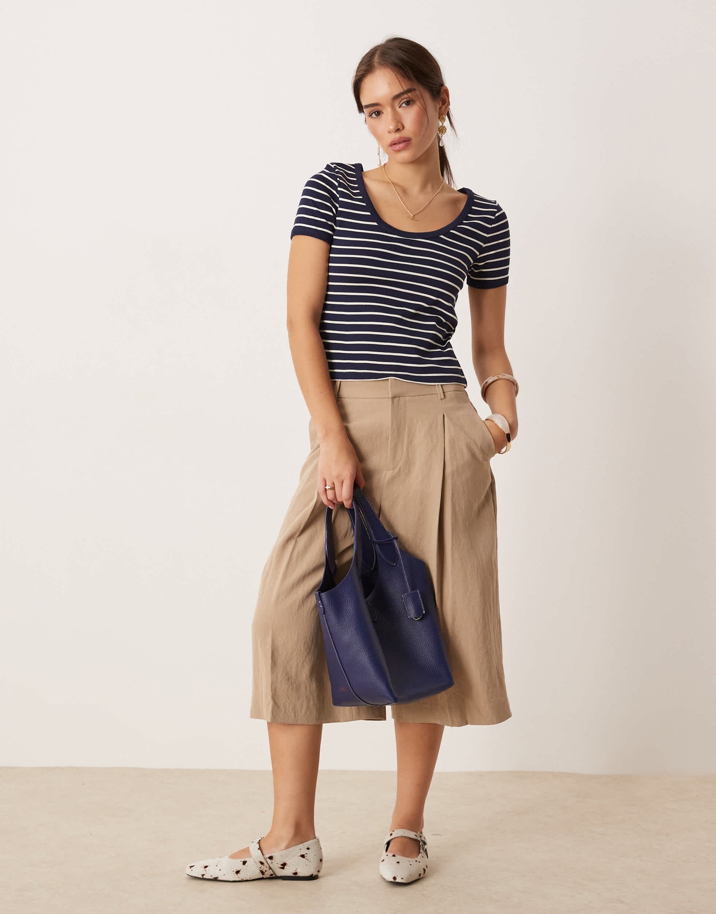 Mango cotton cropped round neck striped baby tee in navy