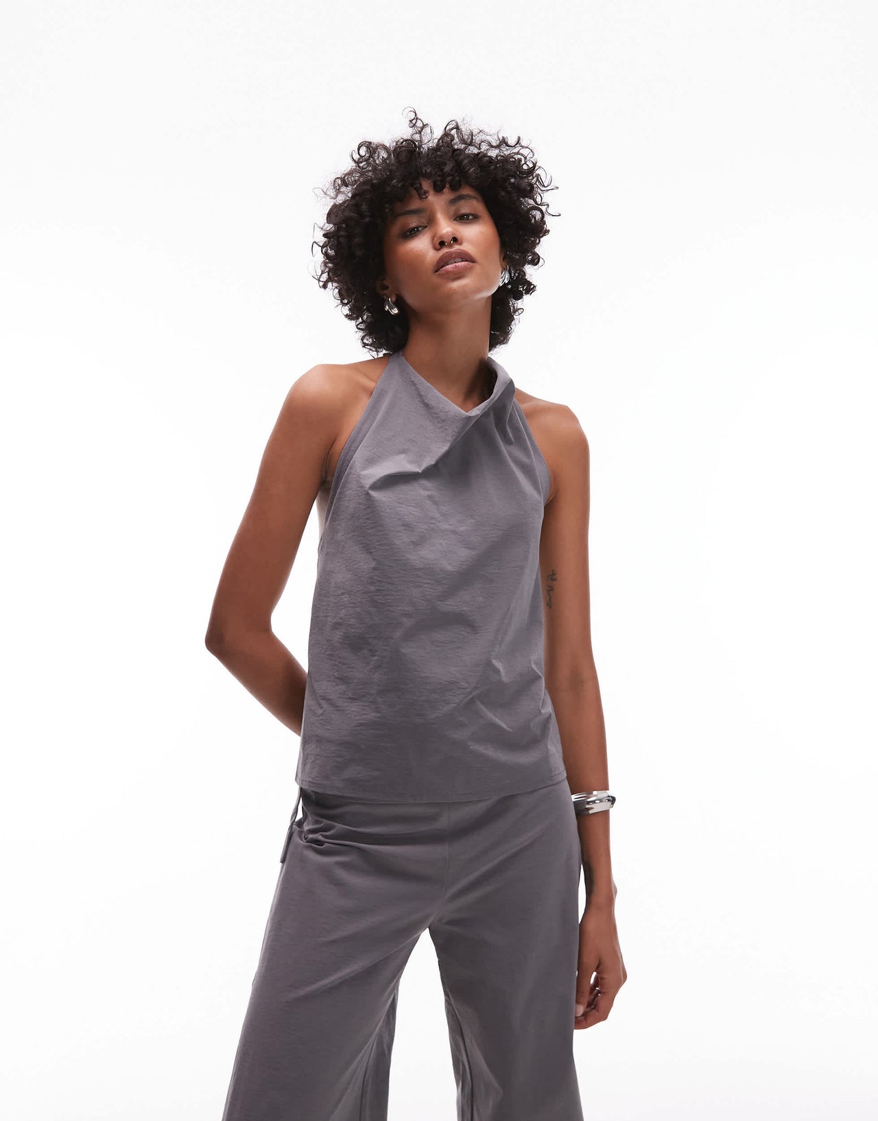 Mango drape neck open back bengaline top with hoop detail fastening co-ord in grey