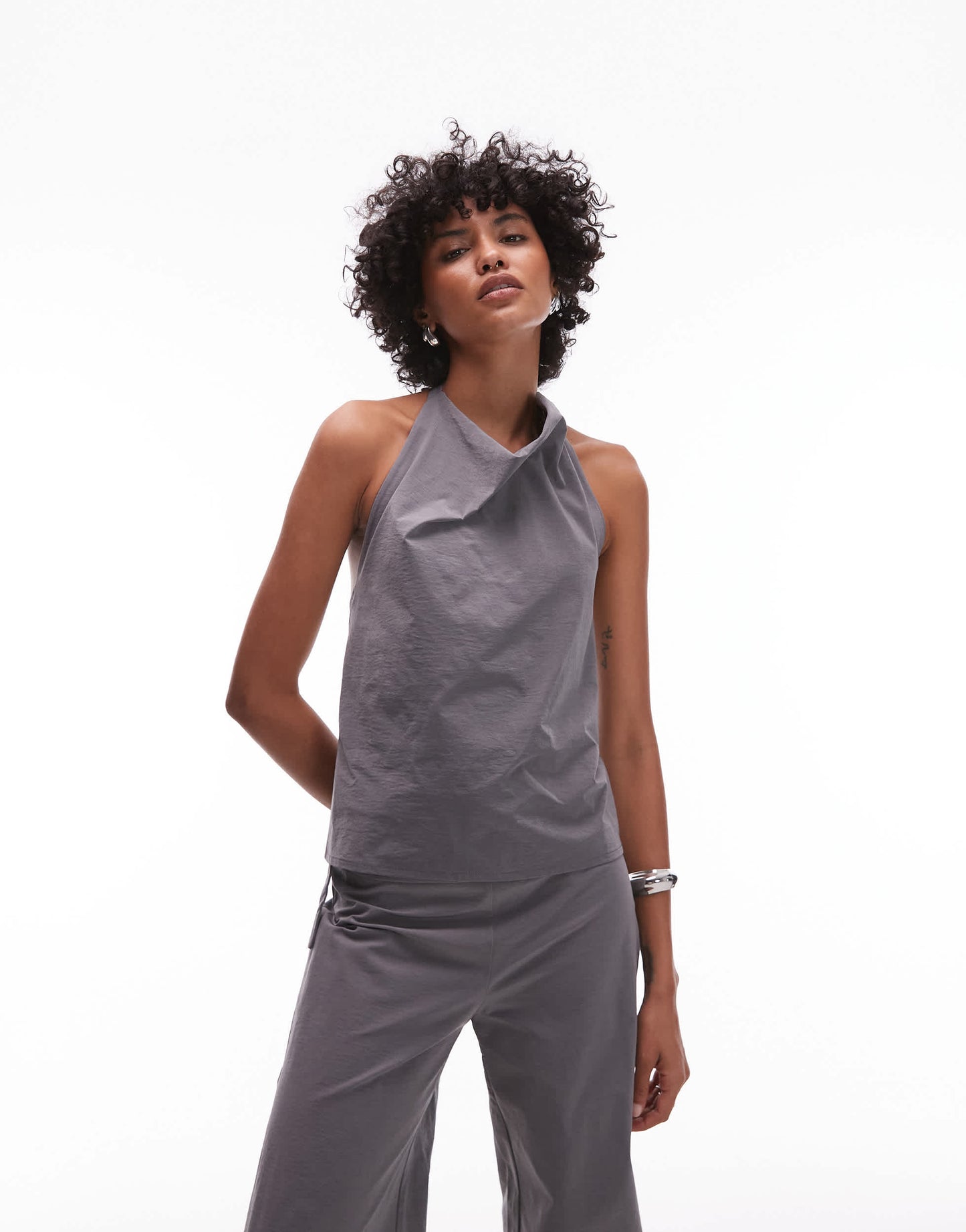 Mango drape neck open back bengaline top with hoop detail fastening co-ord in grey