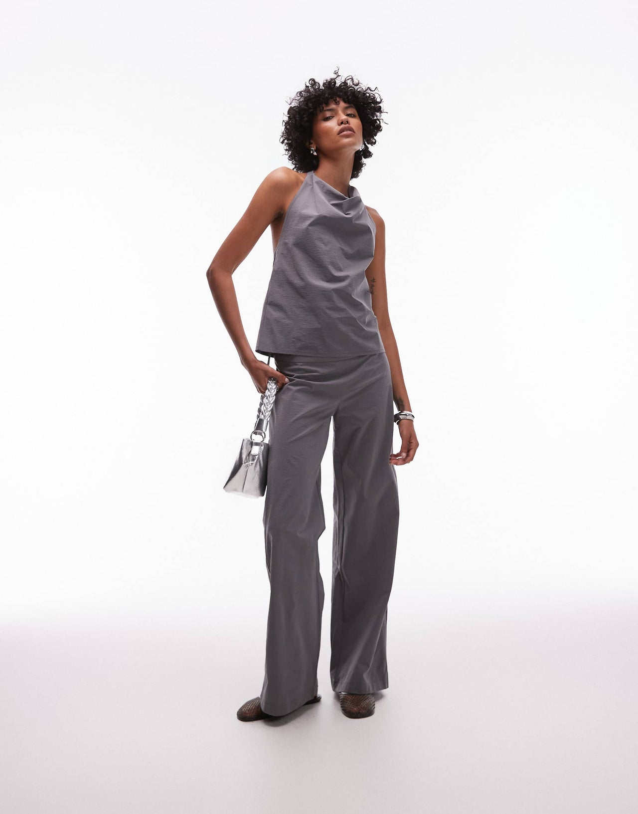 Mango drape neck open back bengaline top with hoop detail fastening co-ord in grey