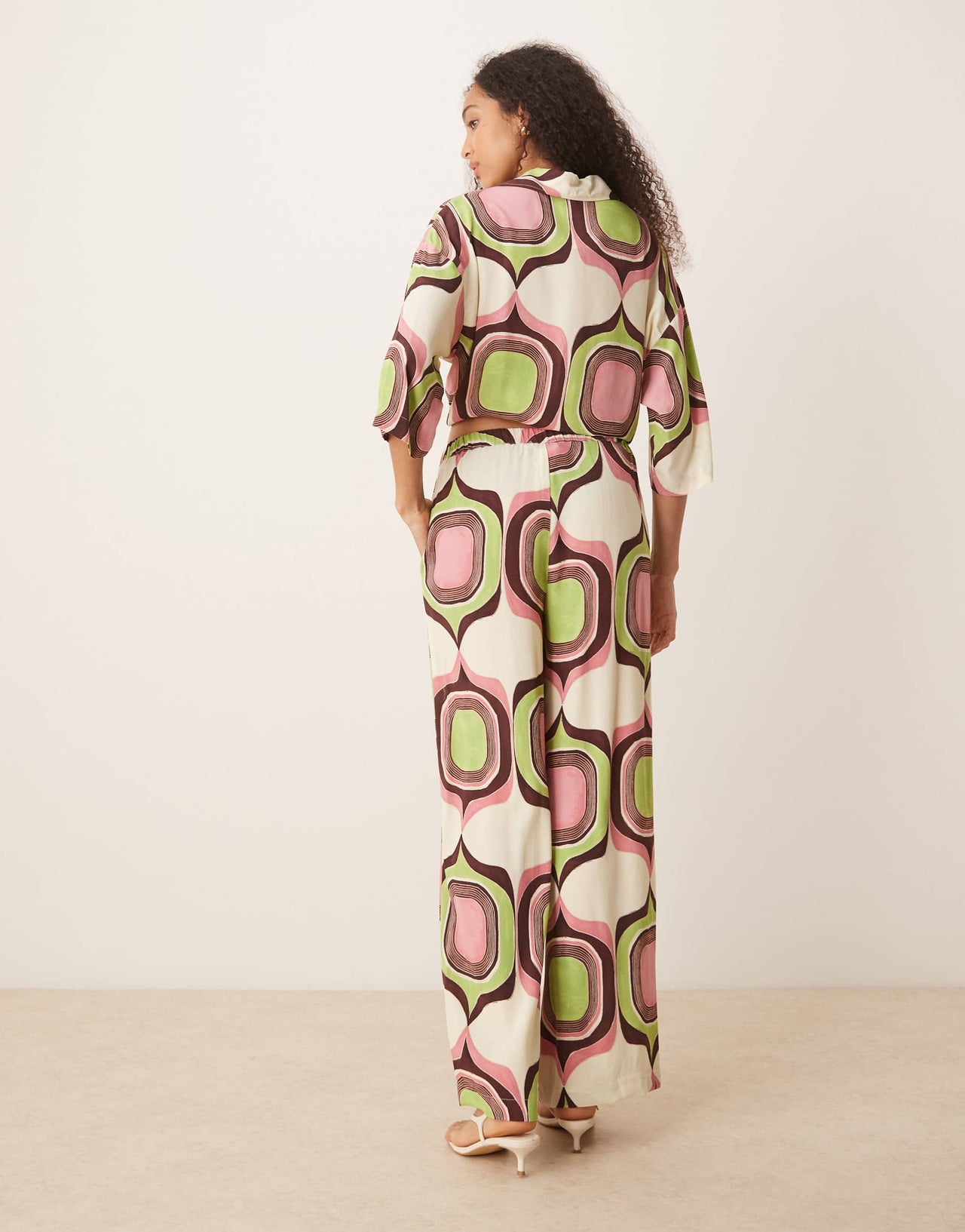Mango wide leg abstract retro geometric print trouser co-ord in beige