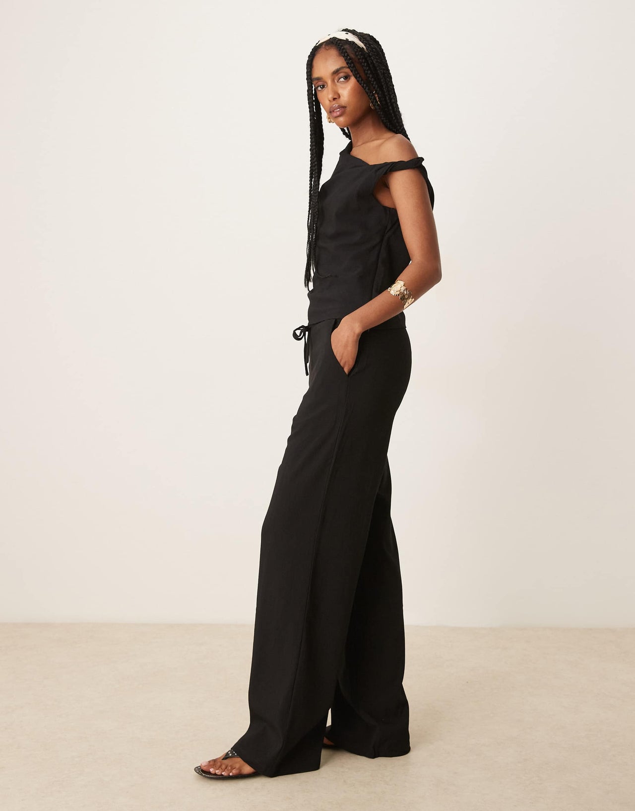 Mango polyamide straight leg tie waist trouser co-ord in black