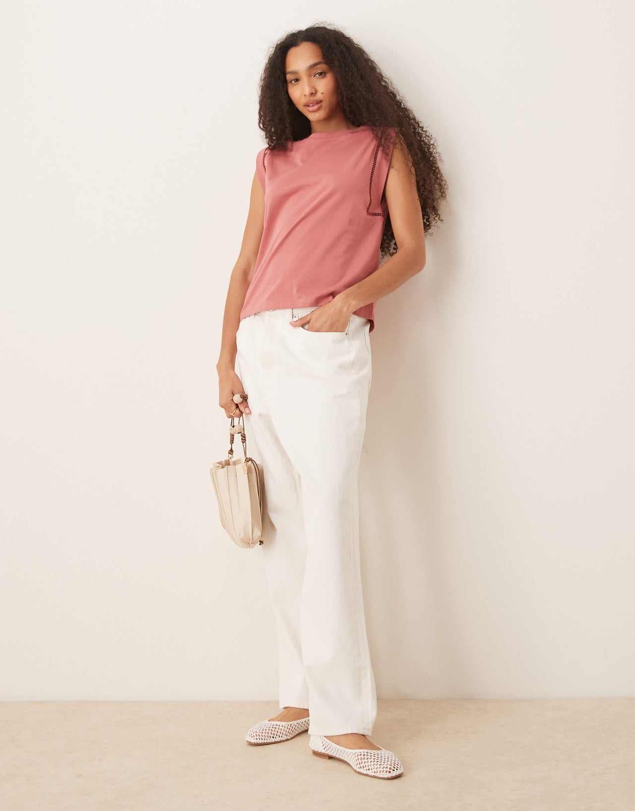 Mango loose fit t-shirt with cut out trim detail in coral pink