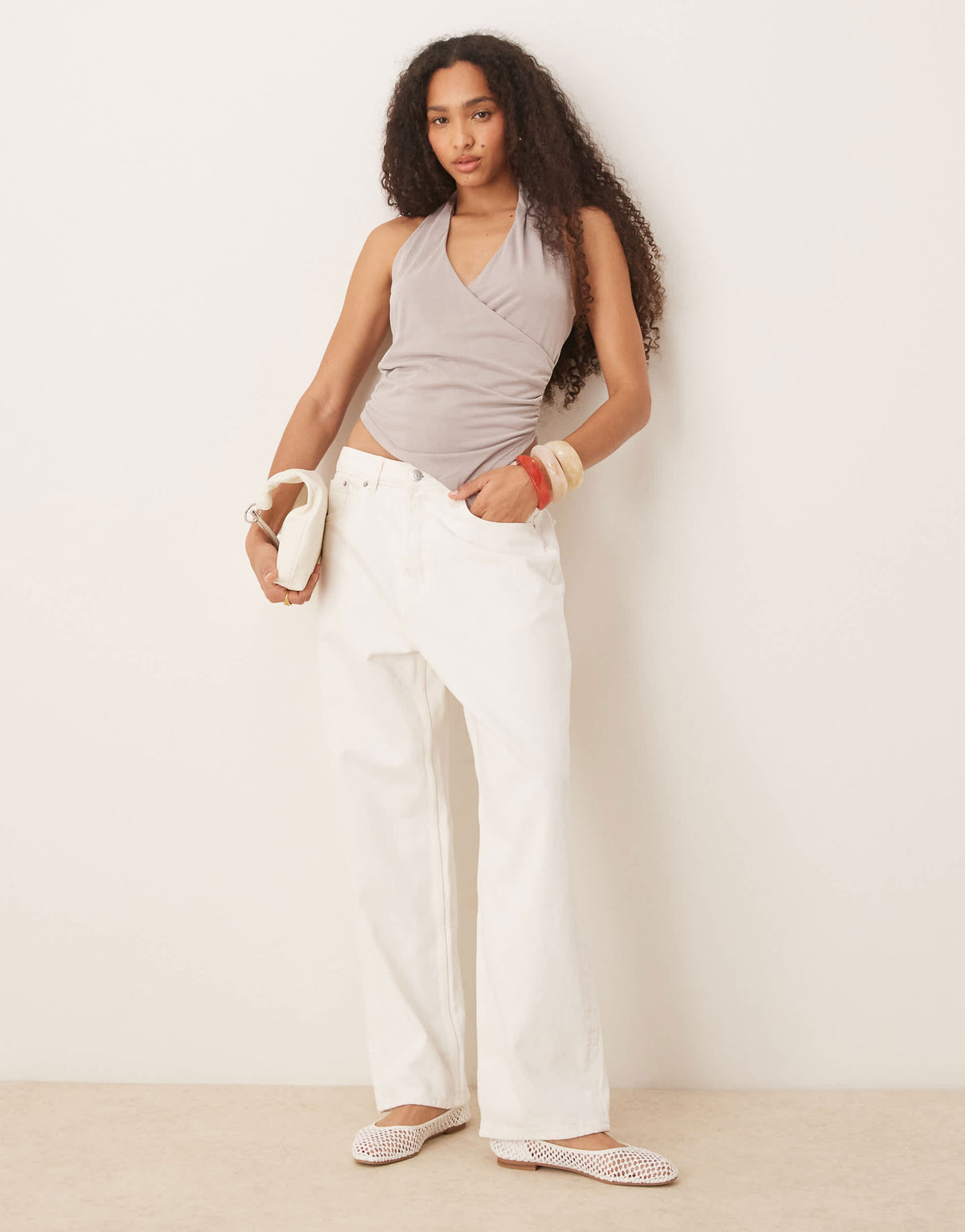 Mango asymmetric halter neck top with ruched cinch waist detail in mushroom