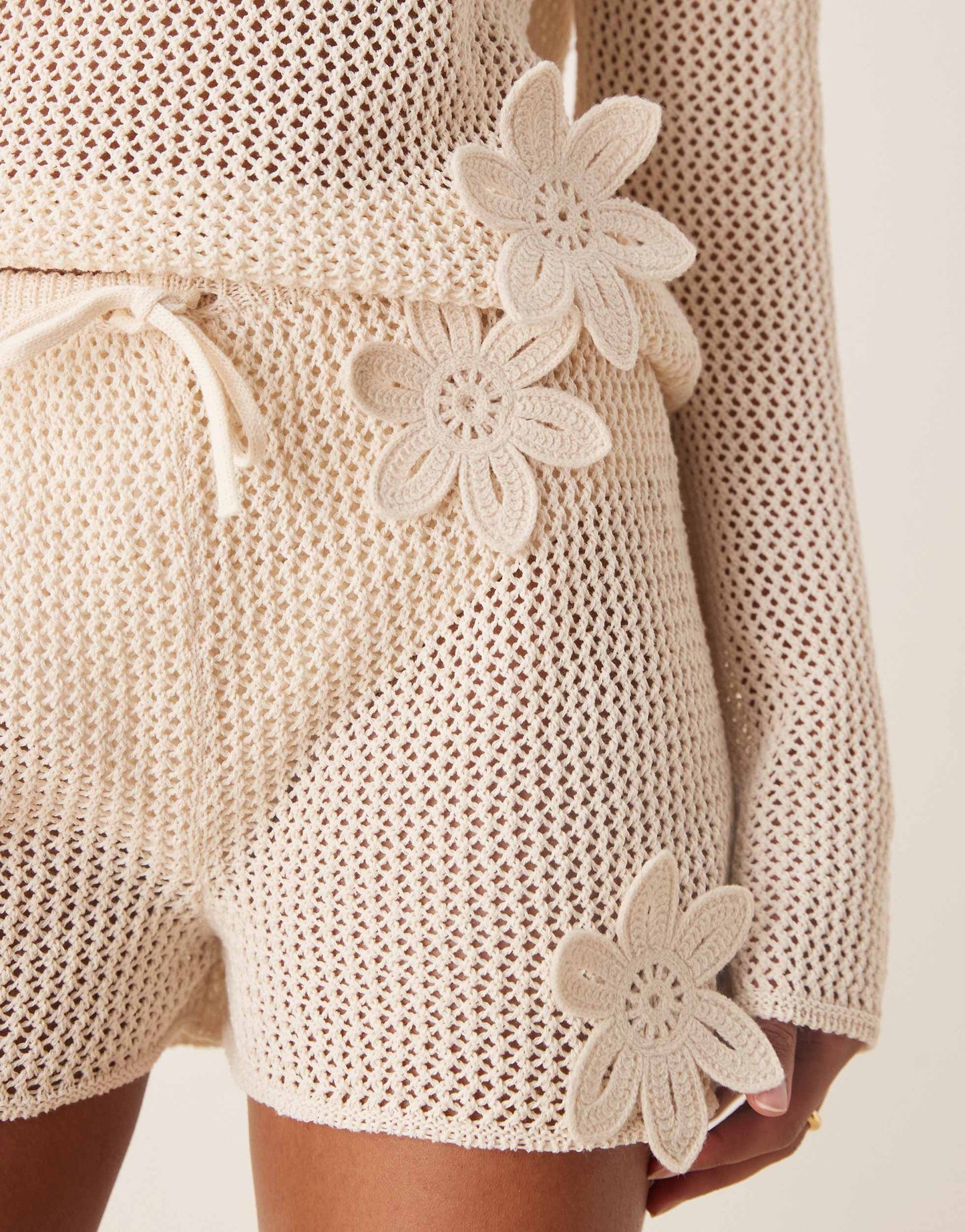 ASOS DESIGN knitted short co-ord with 3D flowers in ecru