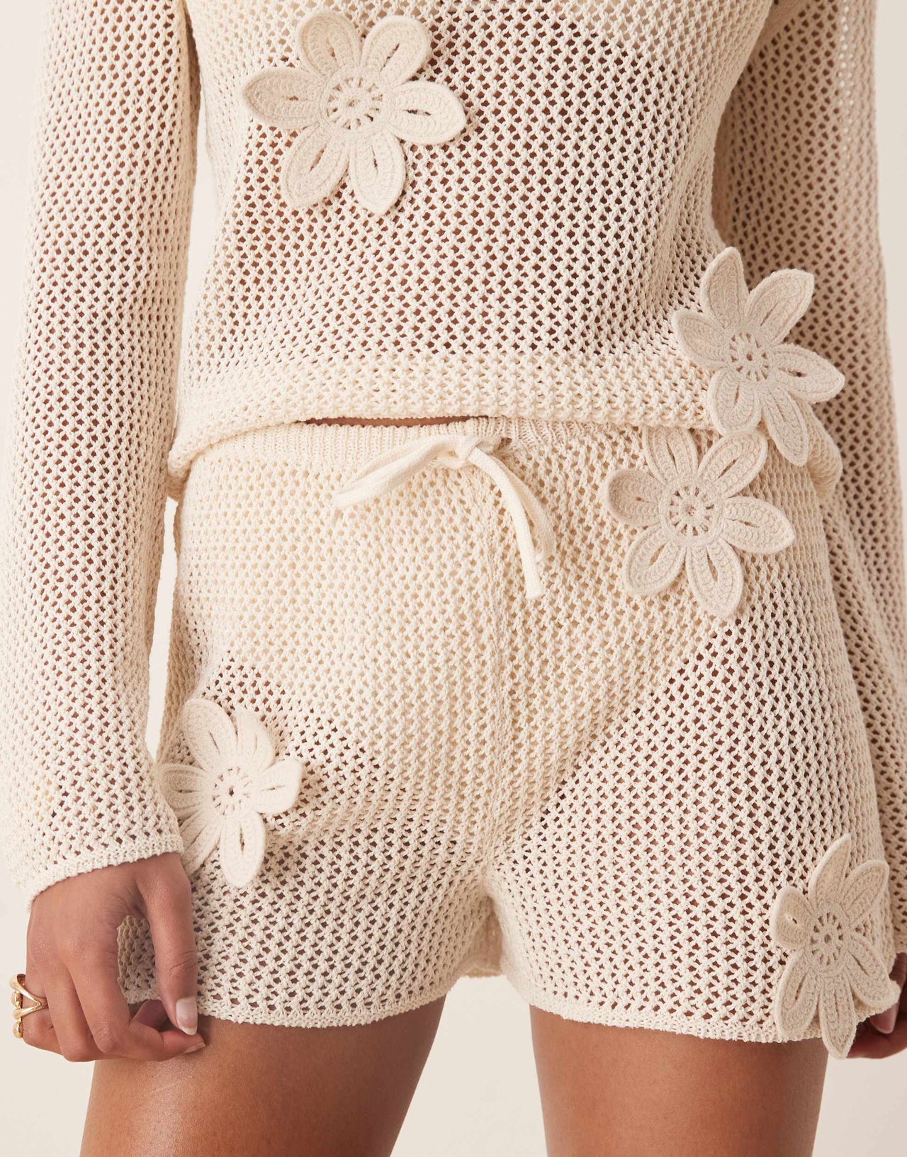 ASOS DESIGN knitted short co-ord with 3D flowers in ecru