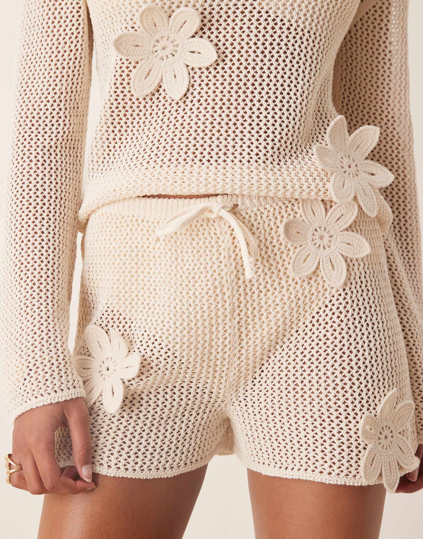 ASOS DESIGN knitted short co-ord with 3D flowers in ecru