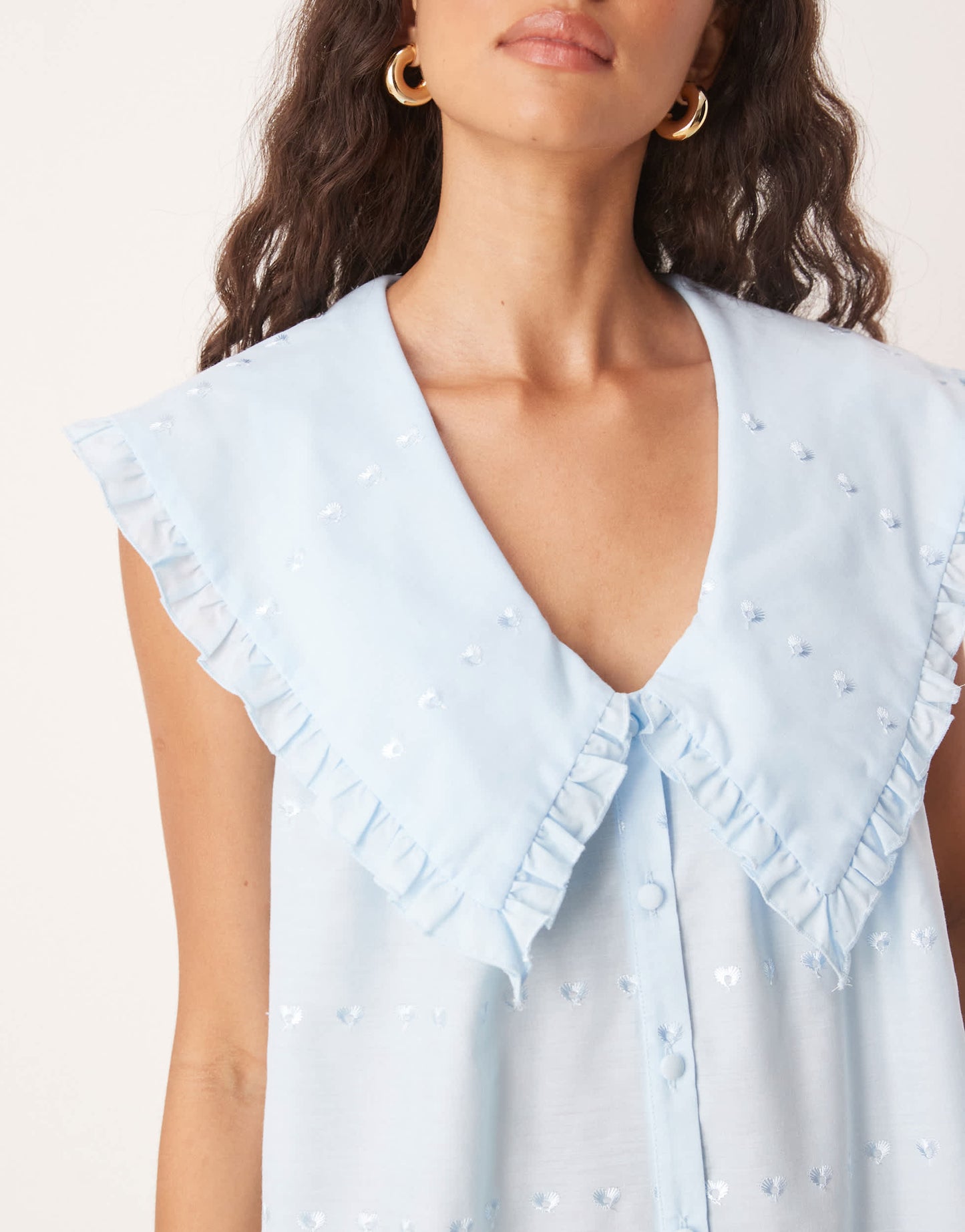 ASOS DESIGN oversized sleeveless collar shirt dress in blue broderie