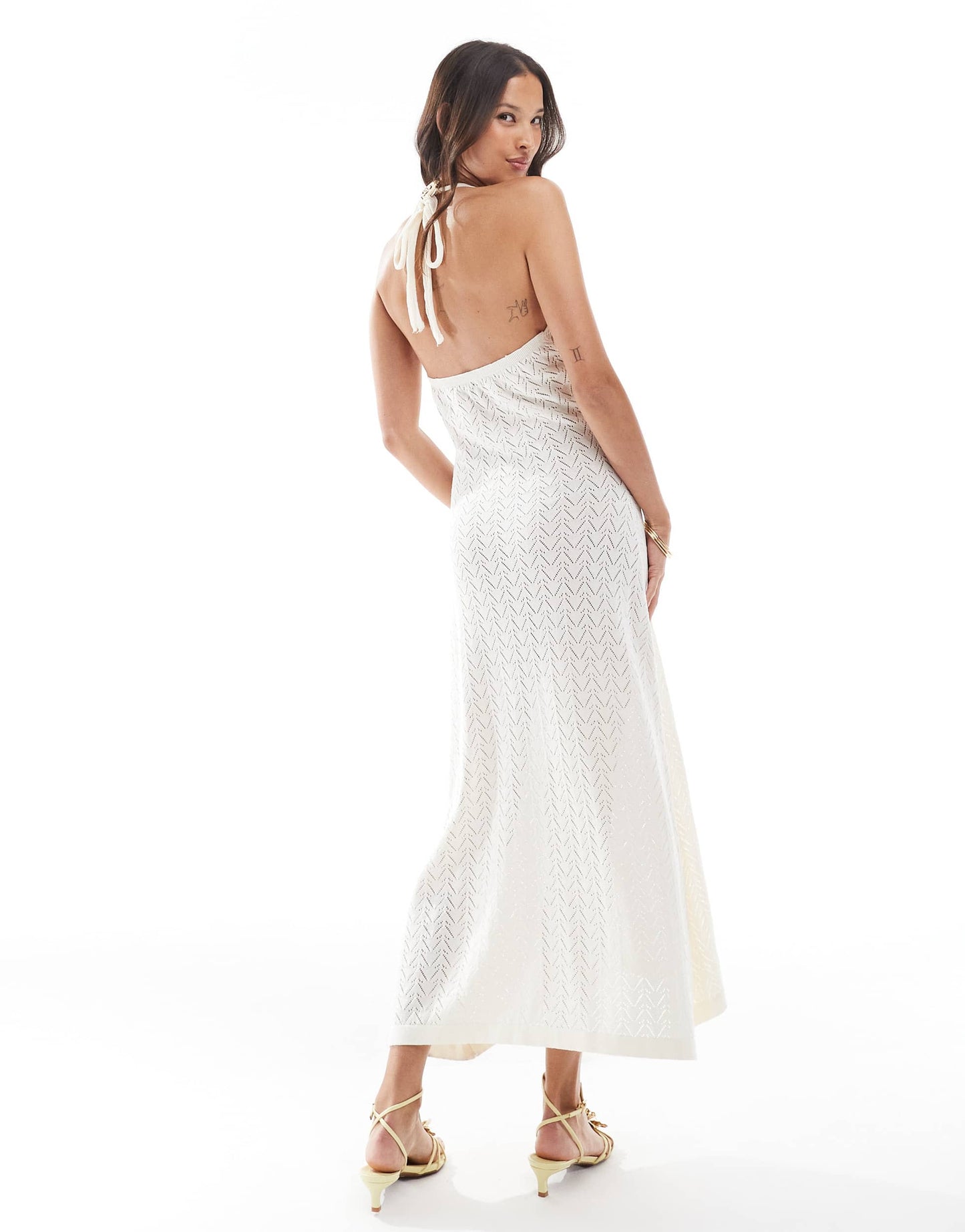 ASOS DESIGN knitted halter maxi dress with gold shell in ecru