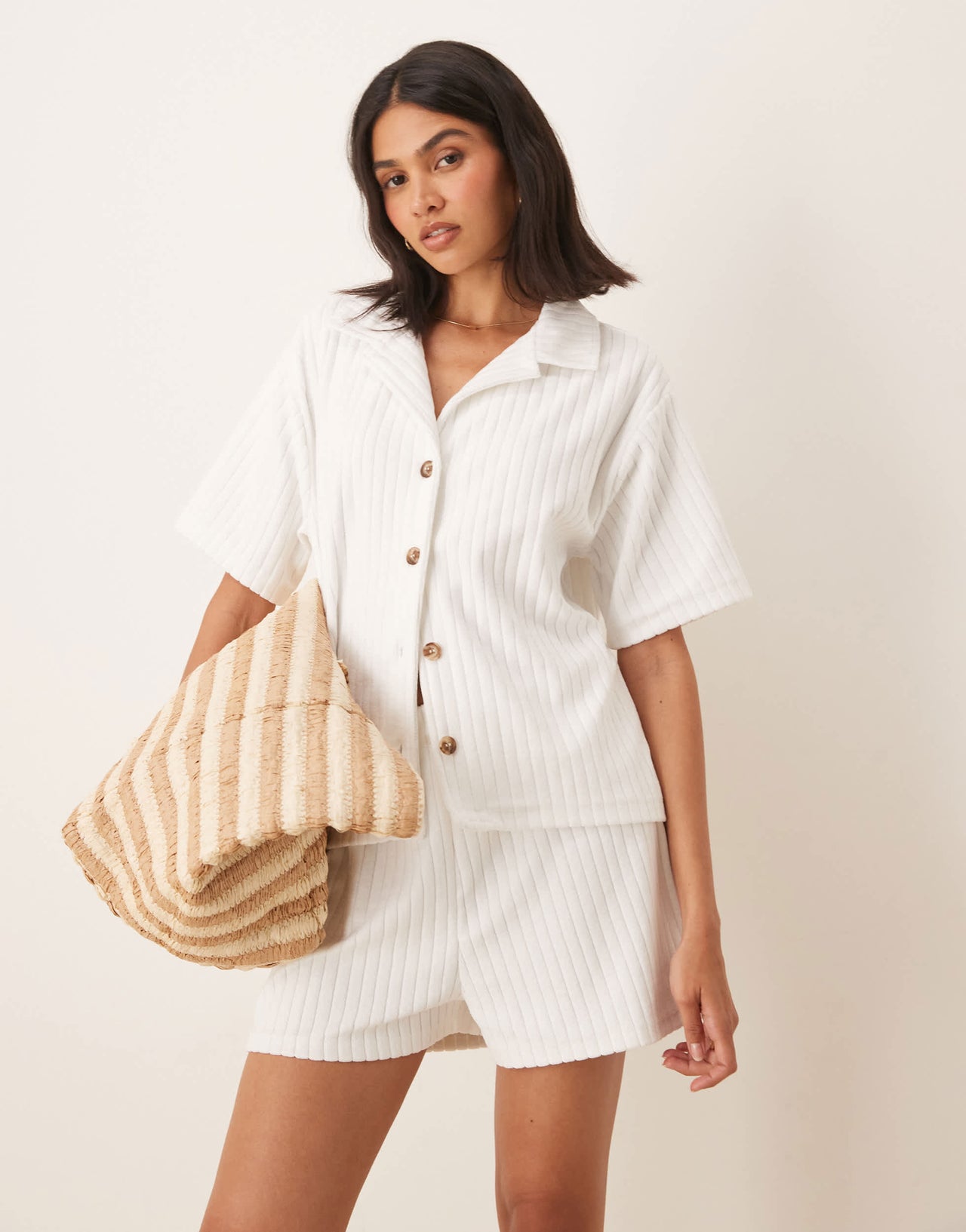 ASOS DESIGN towelling revere shirt co-ord in white