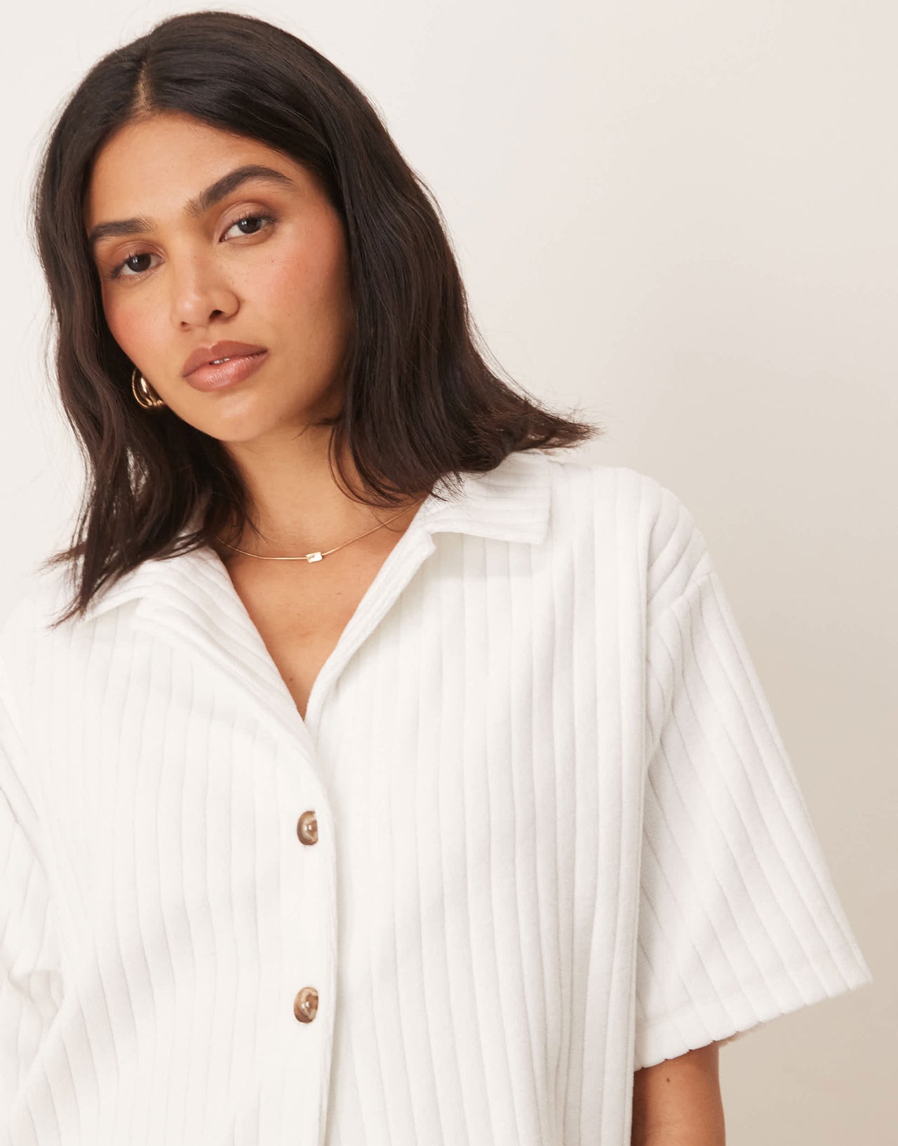 ASOS DESIGN towelling revere shirt co-ord in white