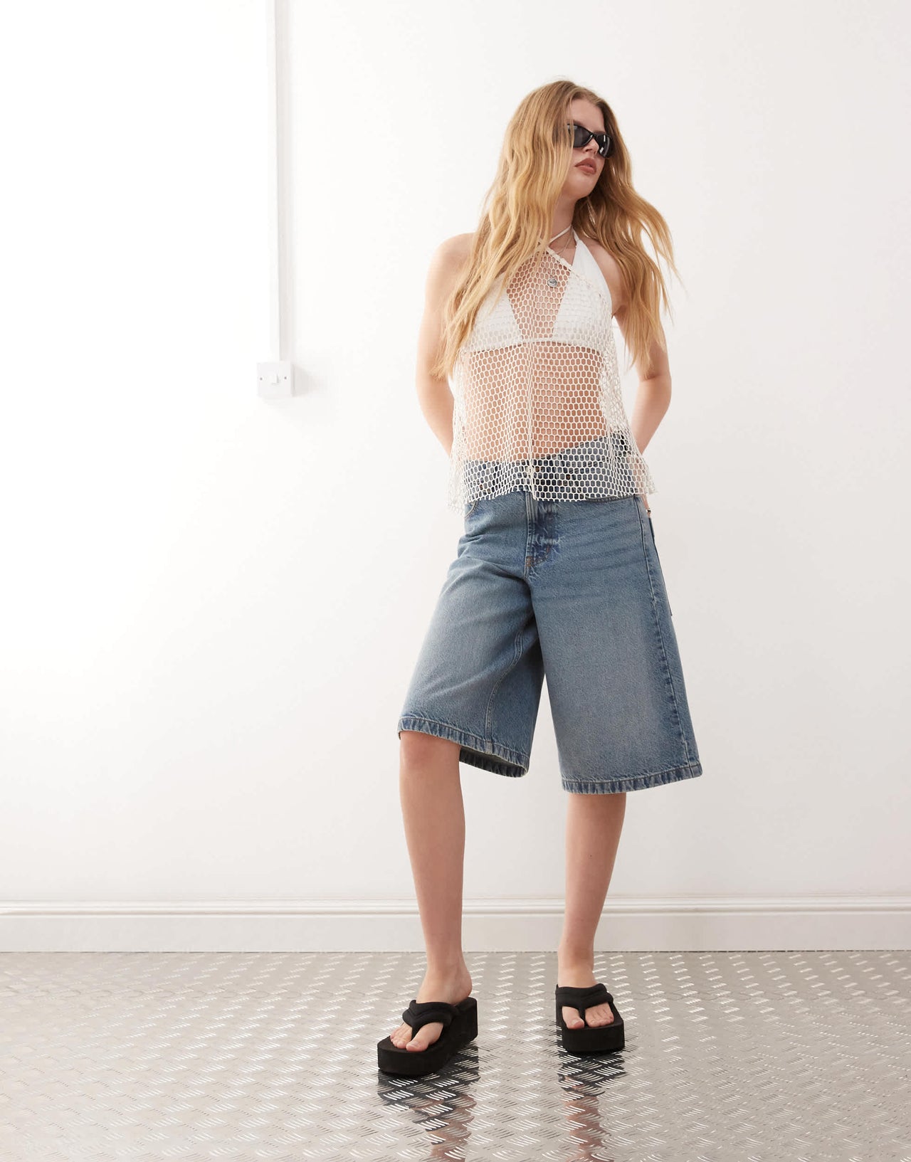 Monki net halter neck top in off white