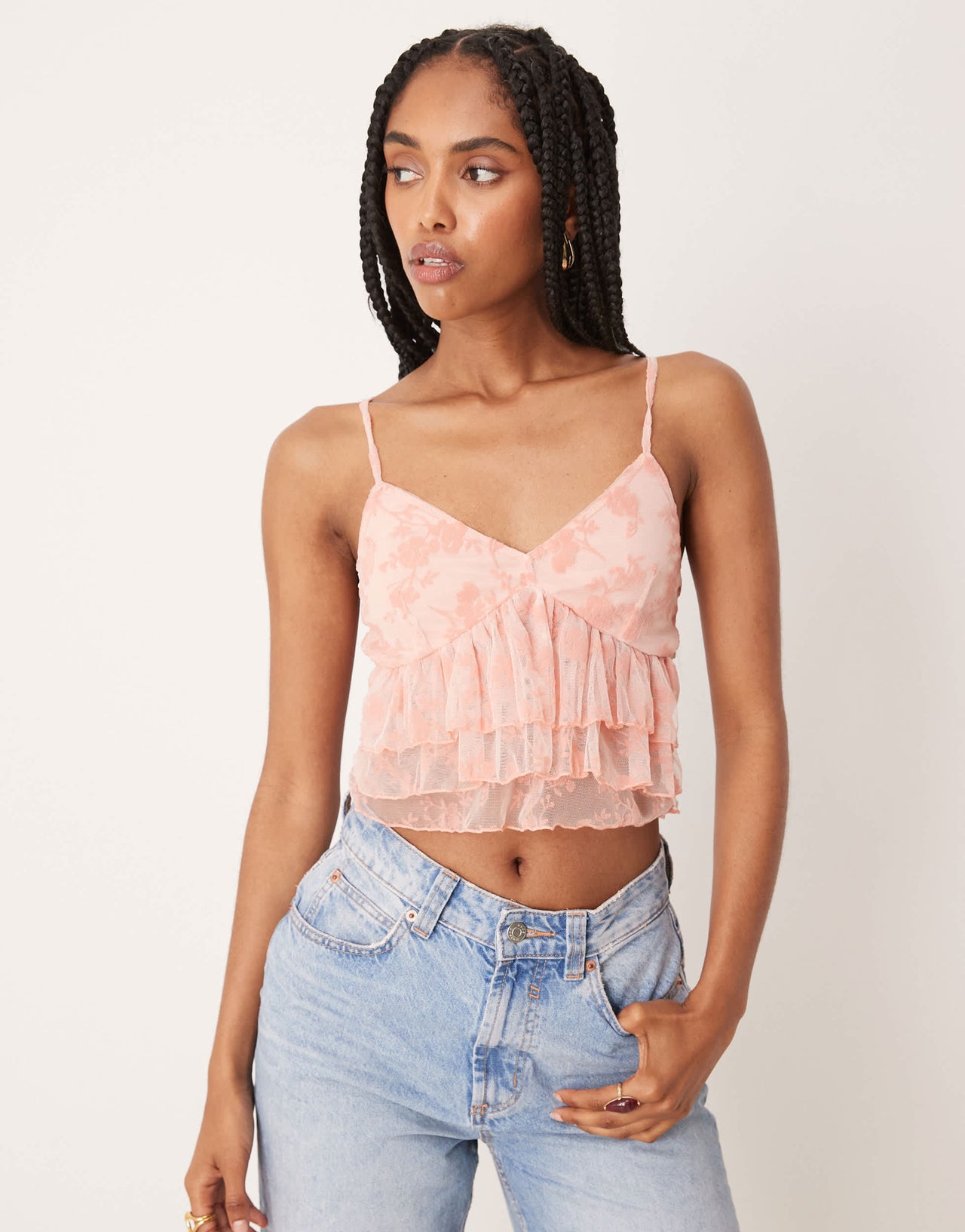 ASOS DESIGN devore mesh ruffle cami top in pastel pink