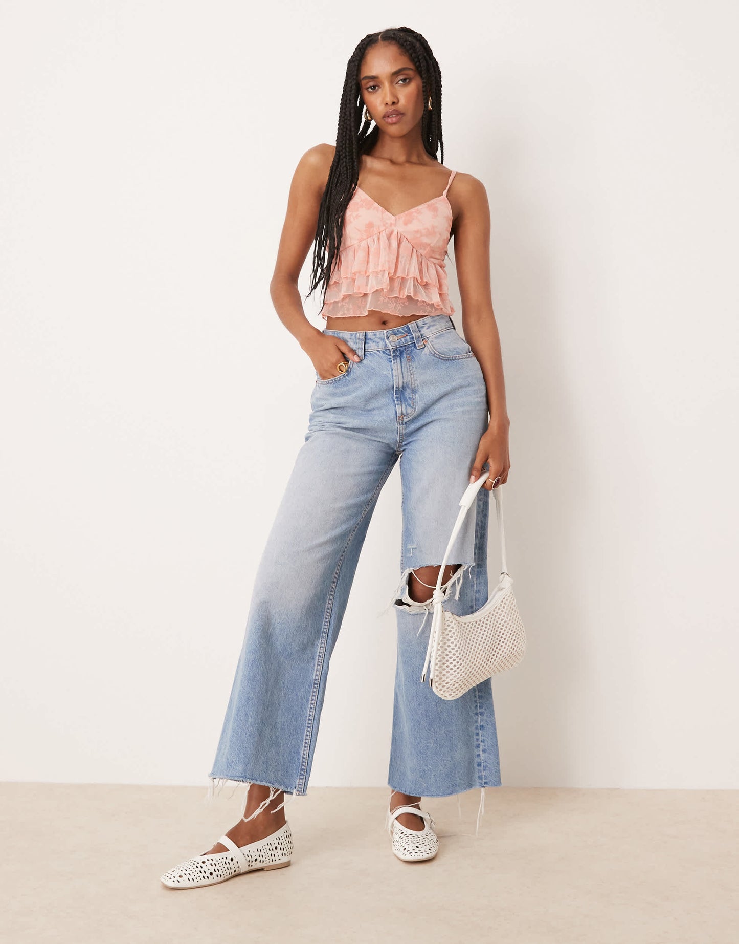 ASOS DESIGN devore mesh ruffle cami top in pastel pink