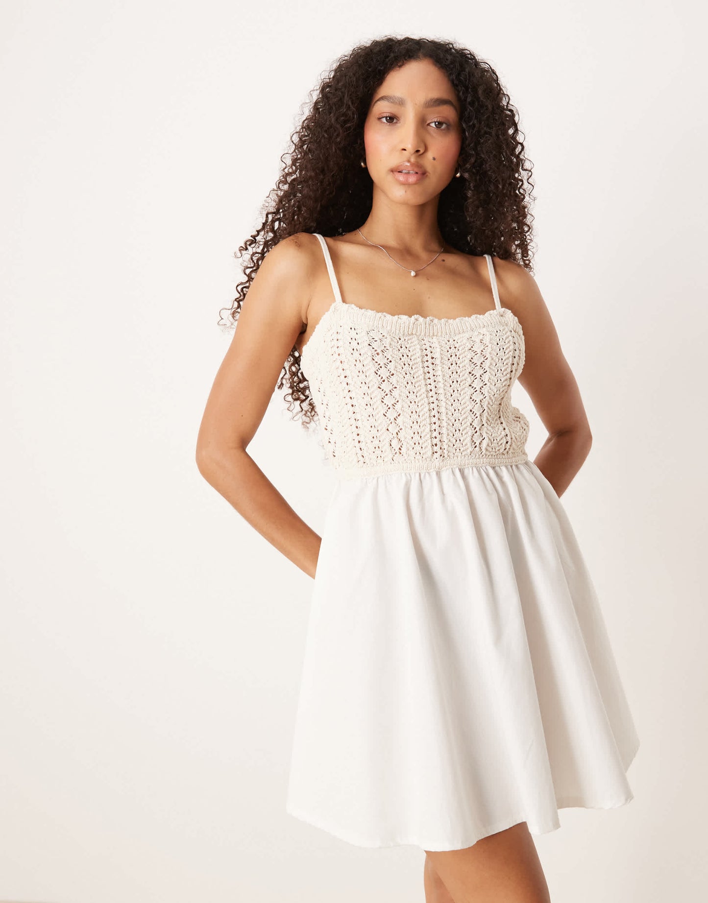ASOS DESIGN knitted poplin mix mini dress in ecru