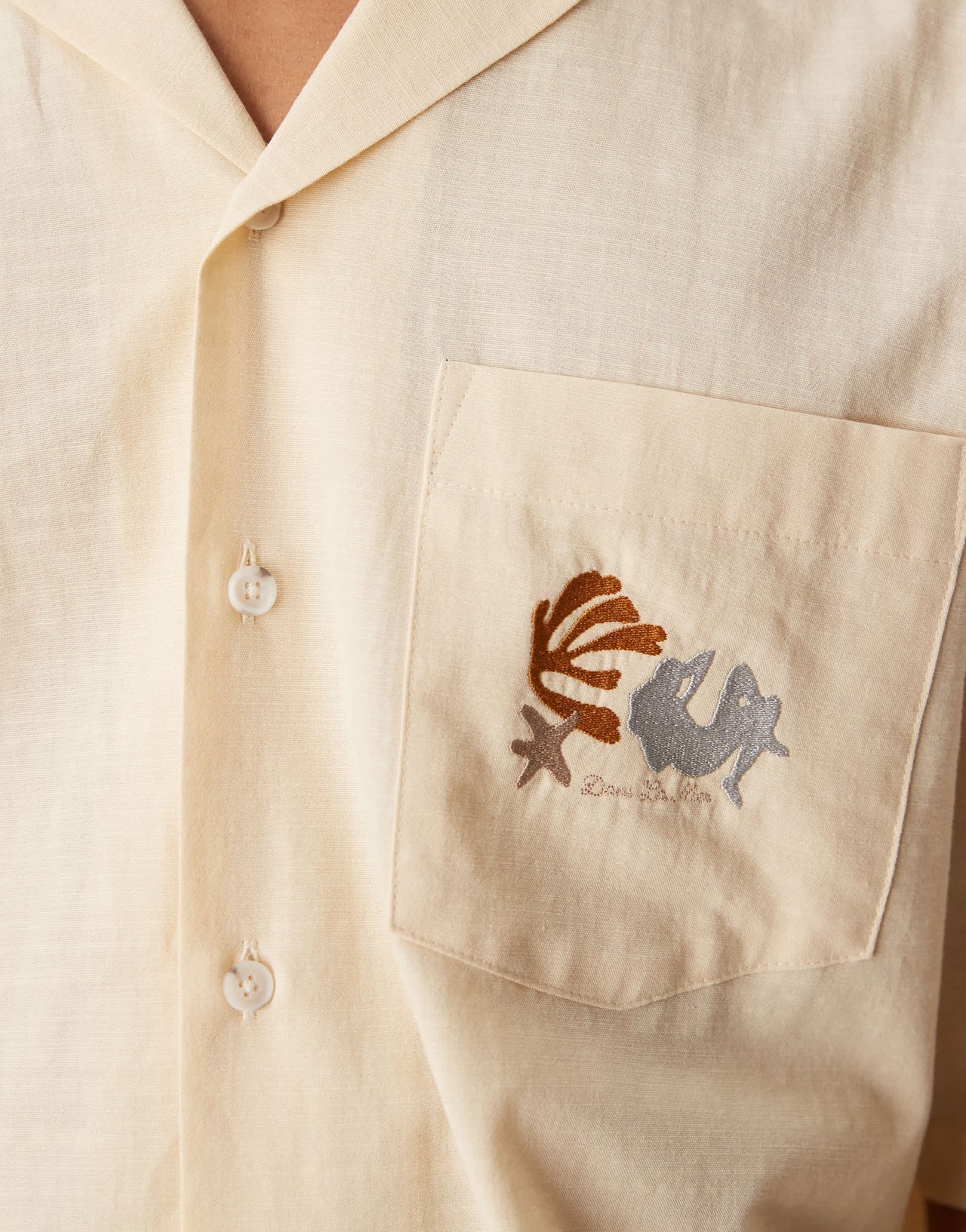 ASOS DESIGN boxy oversized revere shirt with chest embroidery in beige
