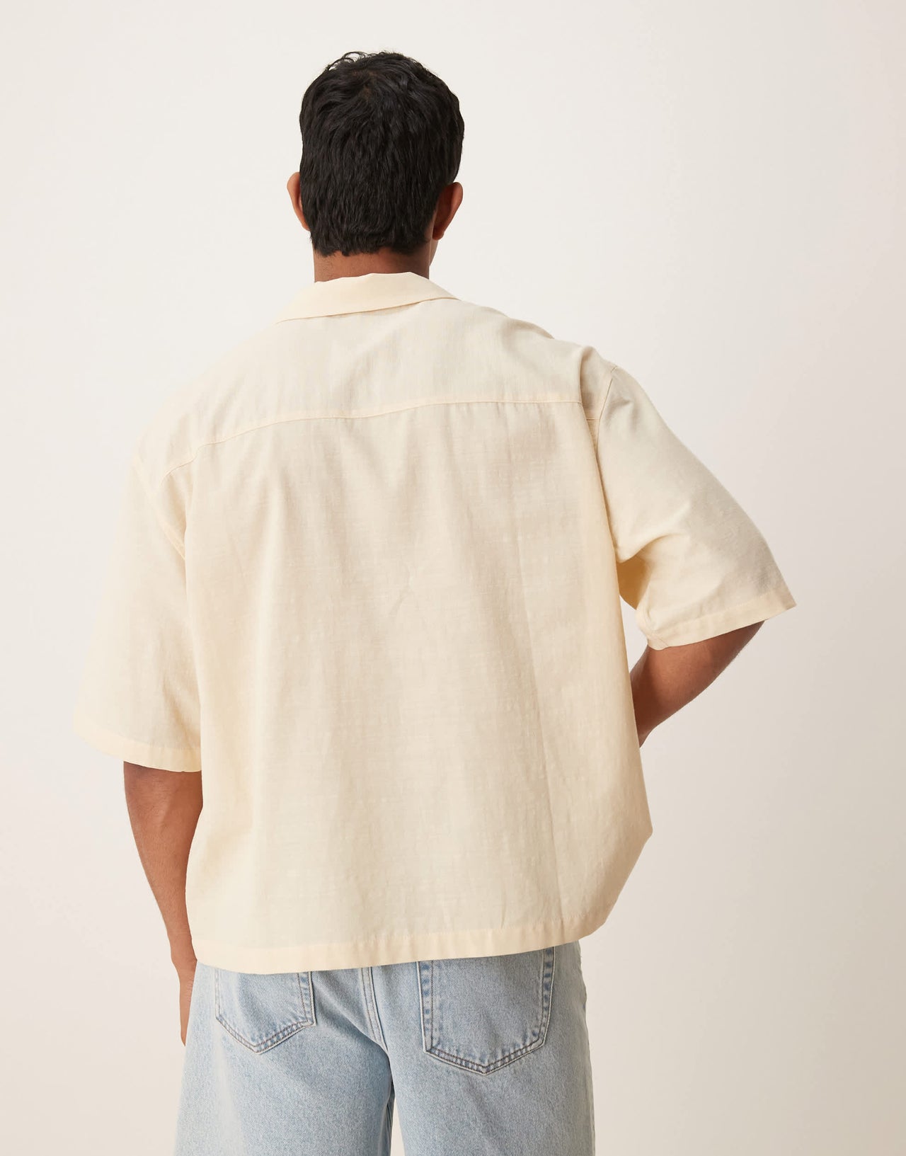 ASOS DESIGN boxy oversized revere shirt with chest embroidery in beige