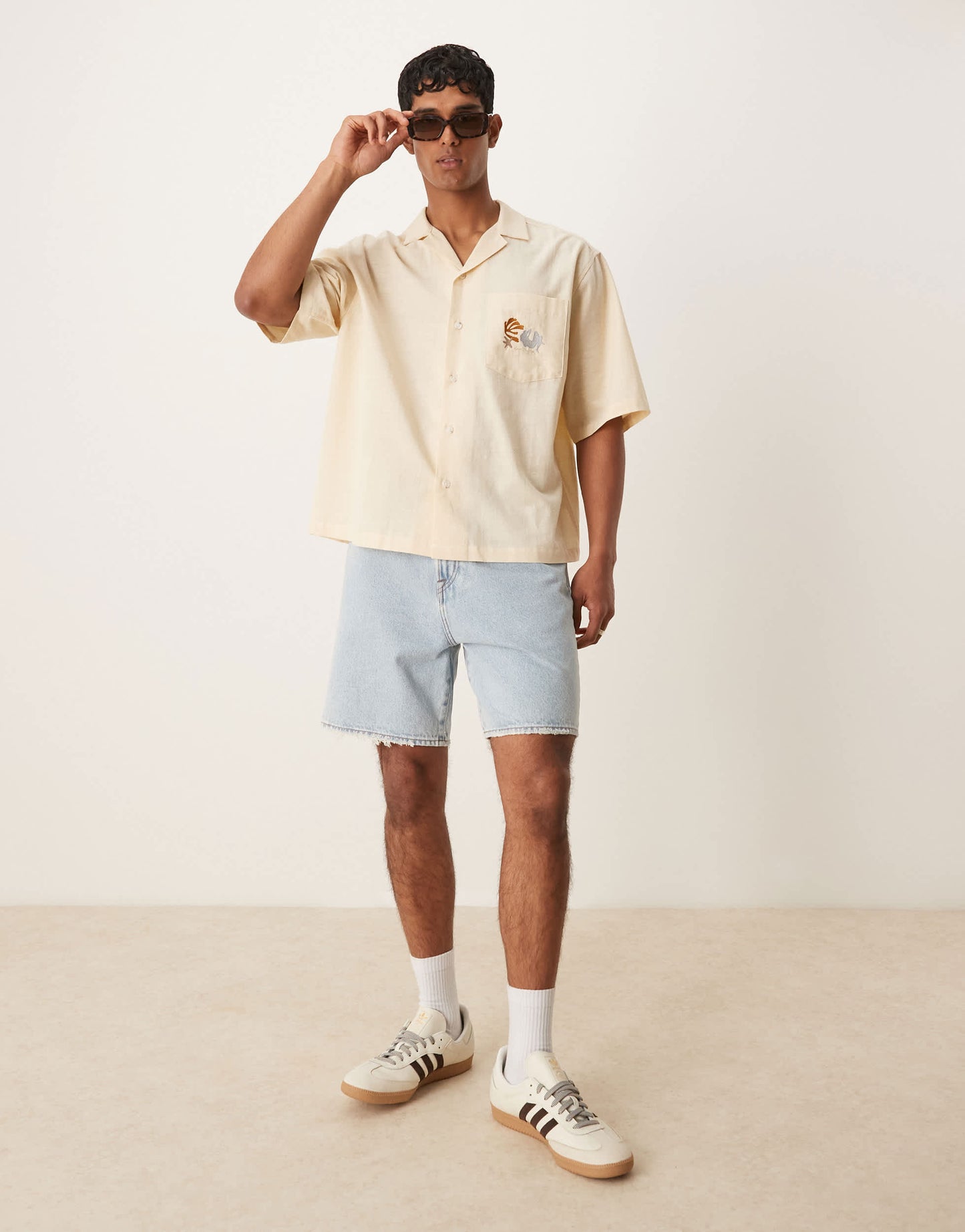 ASOS DESIGN boxy oversized revere shirt with chest embroidery in beige