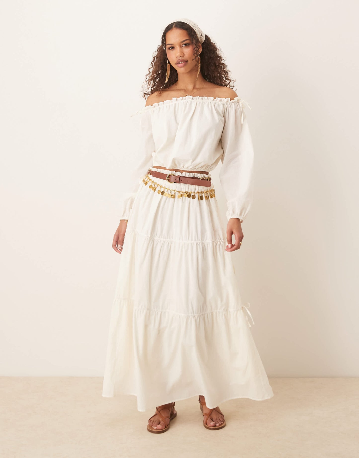 ASOS DESIGN boho bardot top in ecru co ord
