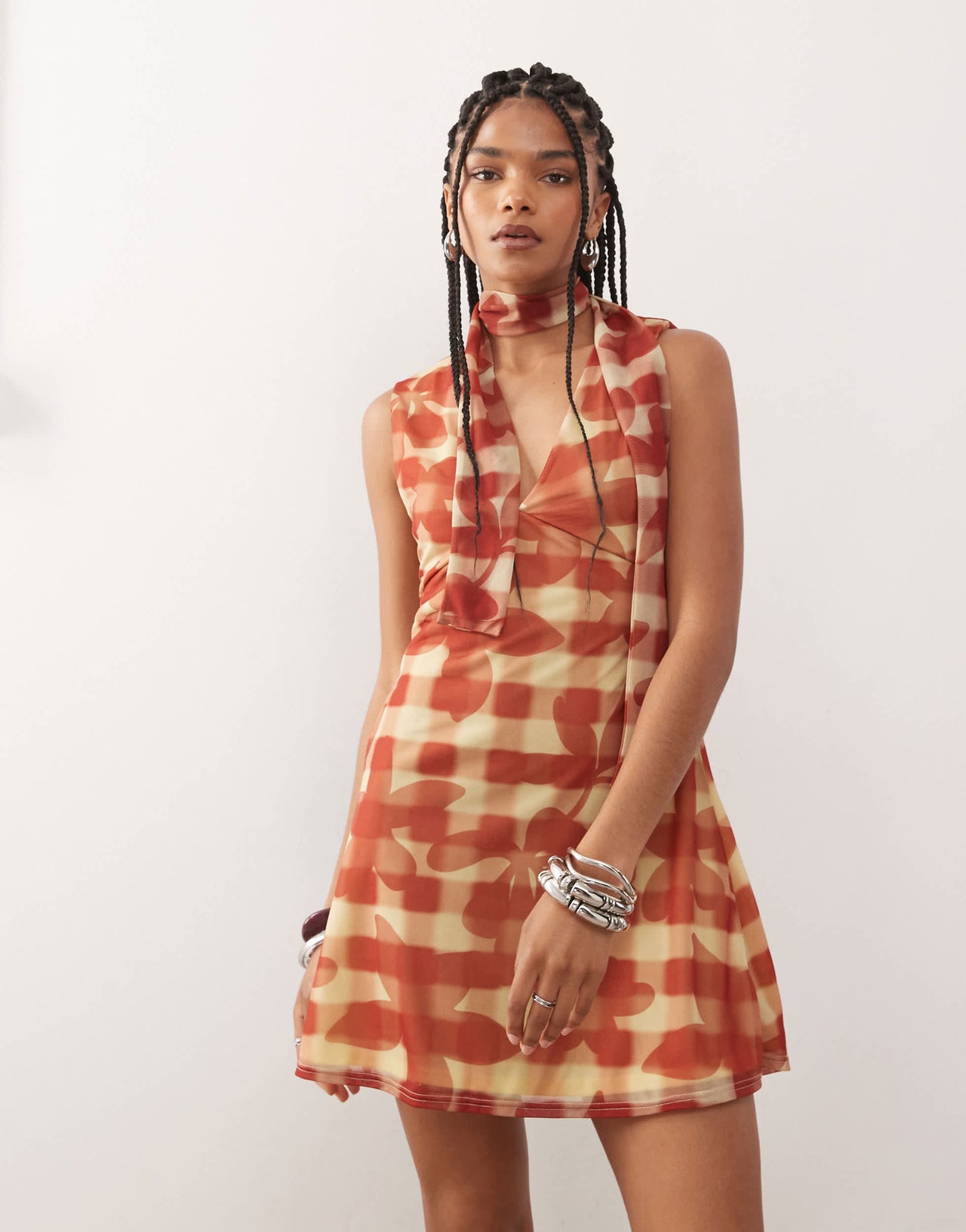 Reclaimed Vintage v-neck mini dress with scarf in red floral check print