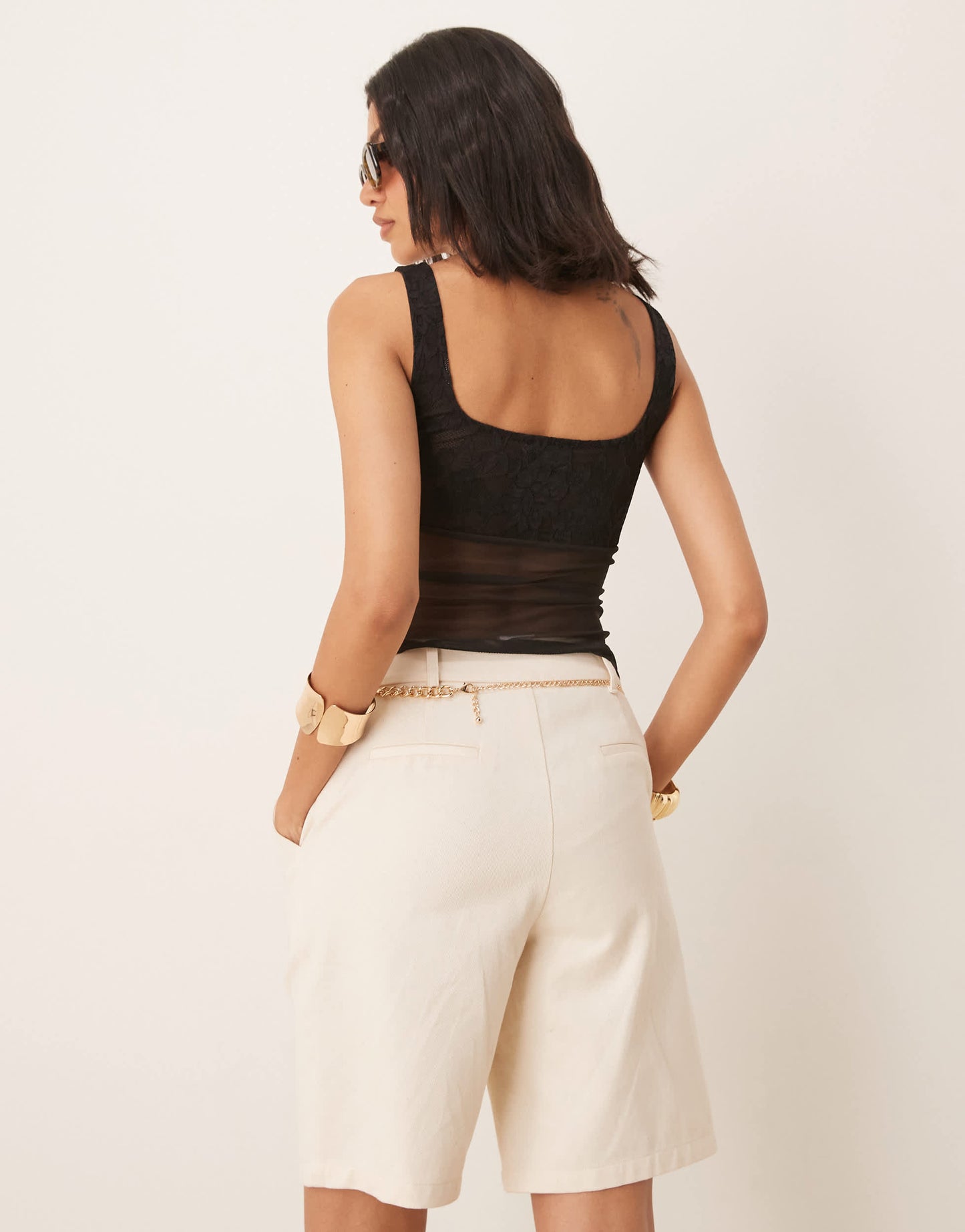 ASOS DESIGN mesh cami top with lace detail in black
