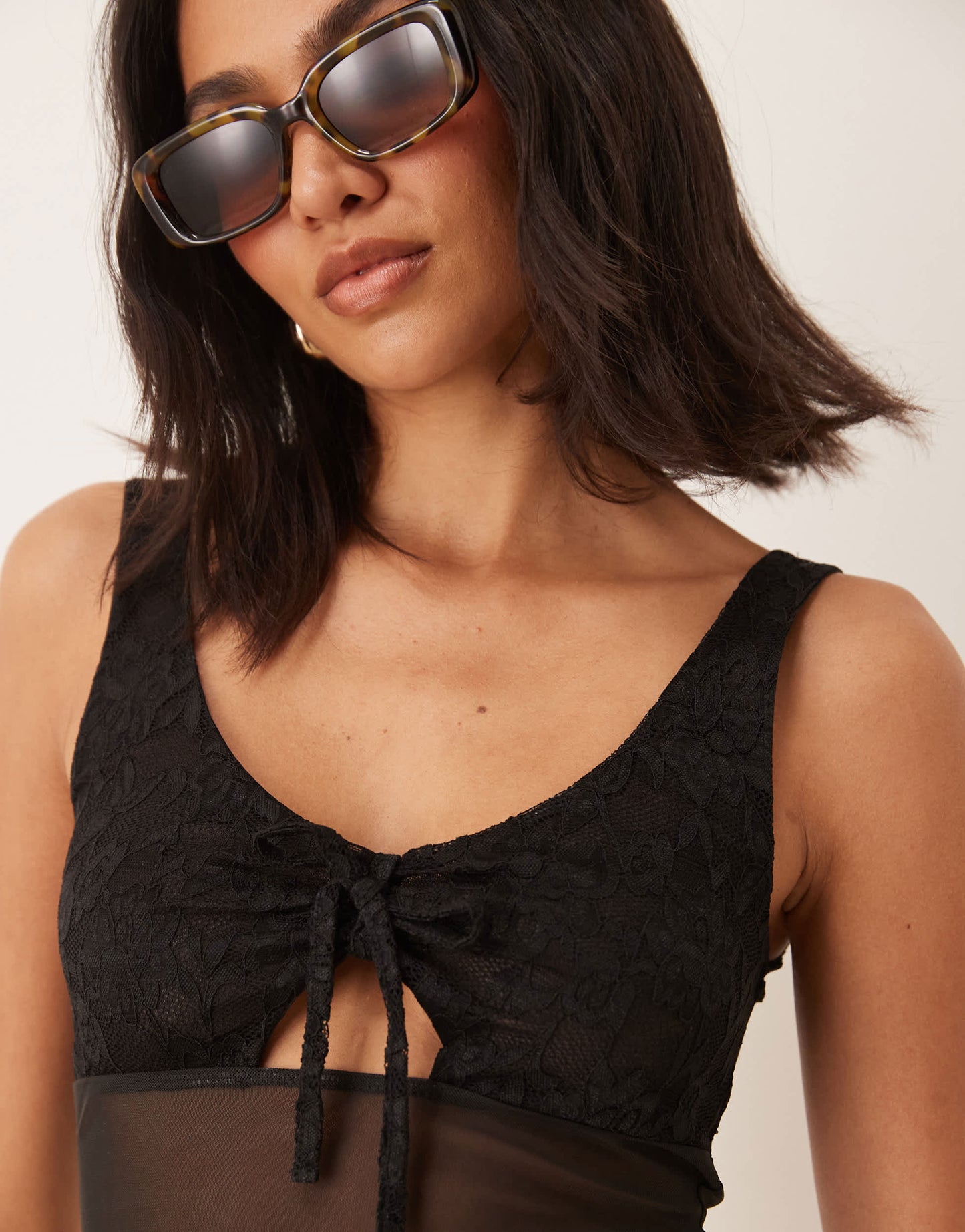 ASOS DESIGN mesh cami top with lace detail in black