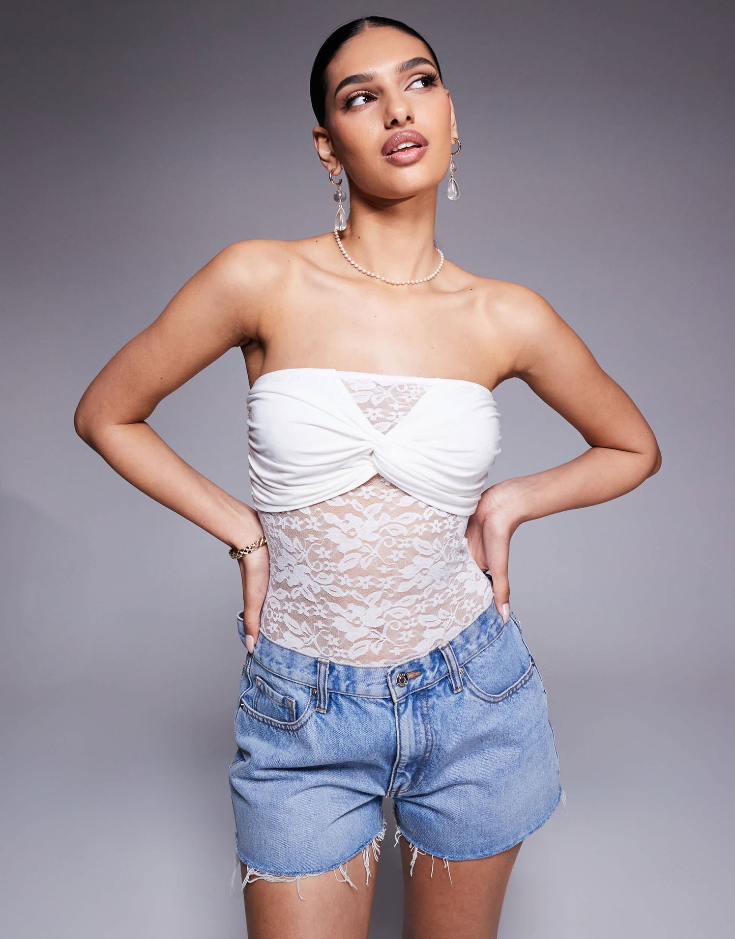 ASOS DESIGN lace twist detail bandeau bodysuit in white