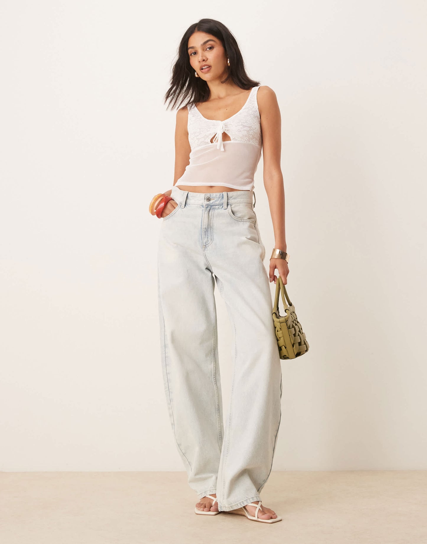 ASOS DESIGN mesh cami top with lace detail in white