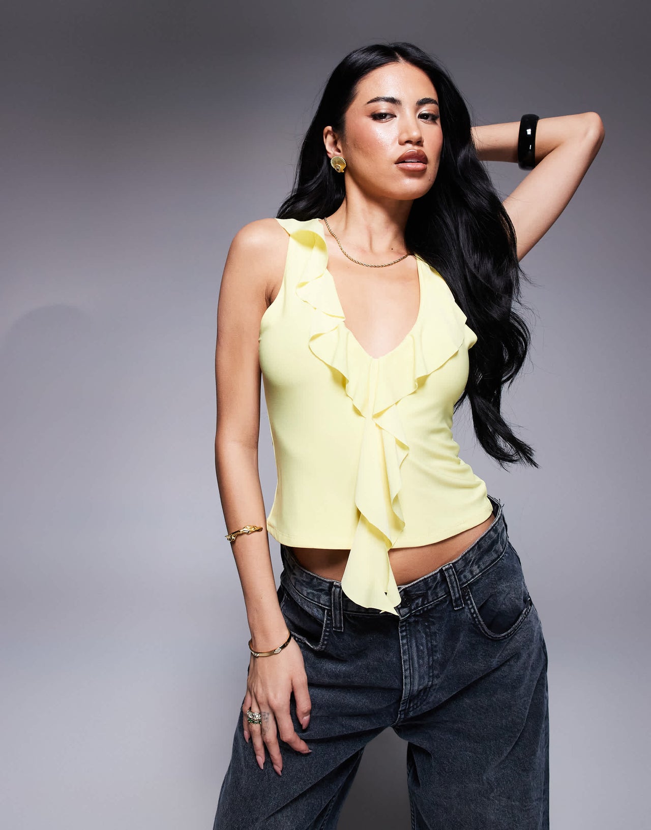 ASOS DESIGN plunge ruffle neckline racer back top in yellow