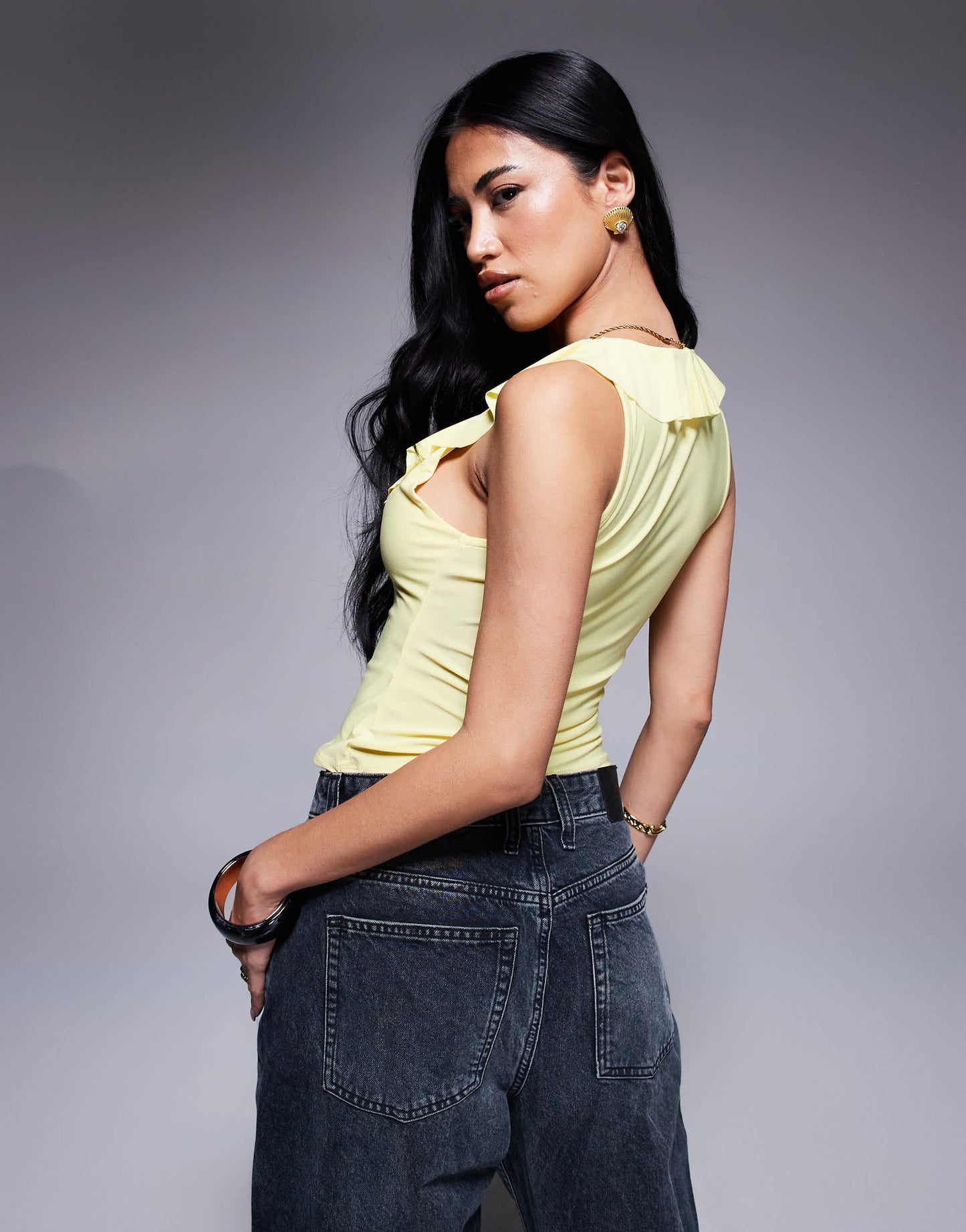 ASOS DESIGN plunge ruffle neckline racer back top in yellow