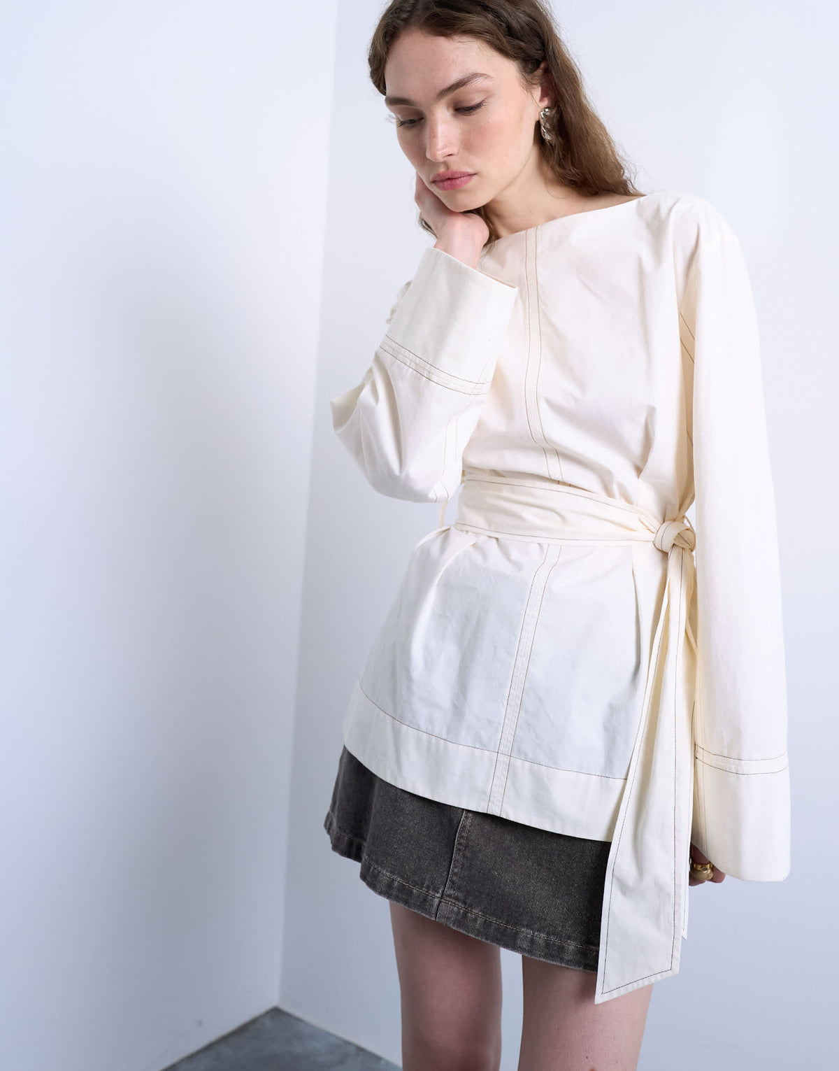 Topshop tie waist top in ecru