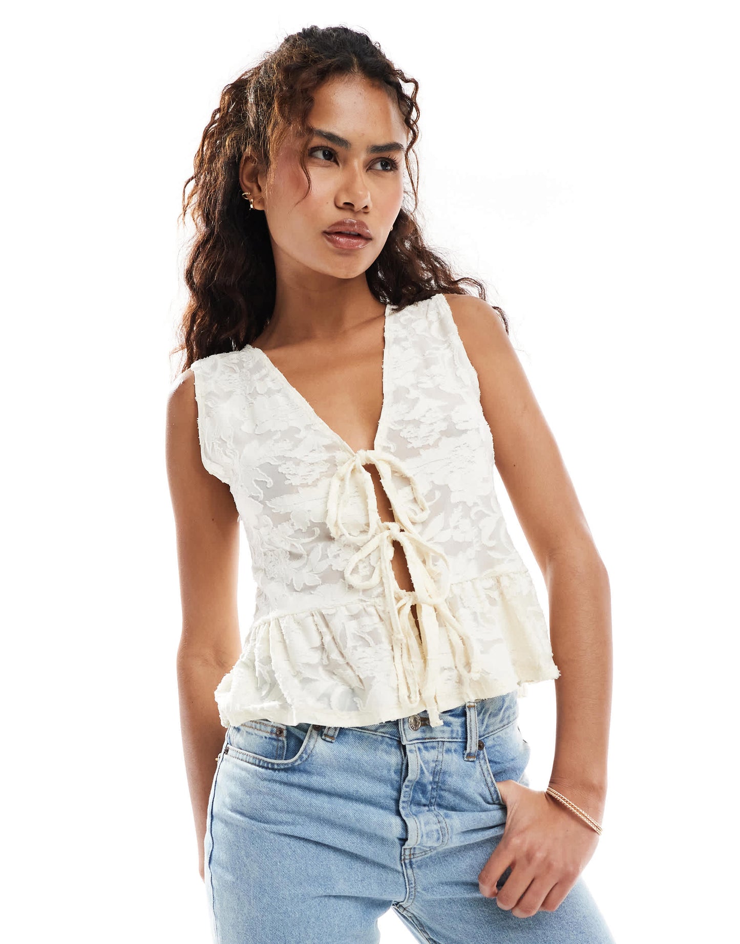 Miss Selfridge lace sleeveless tie front top in light beige