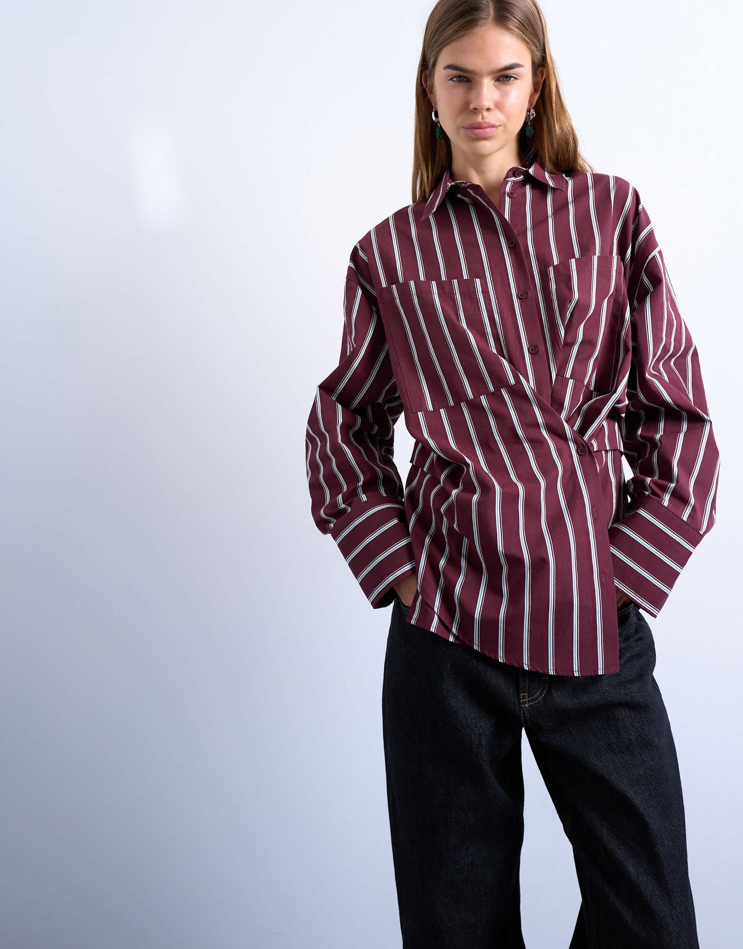 Topshop Asymmetric placket waisted long sleeve cinched shirt in burgundy stripe