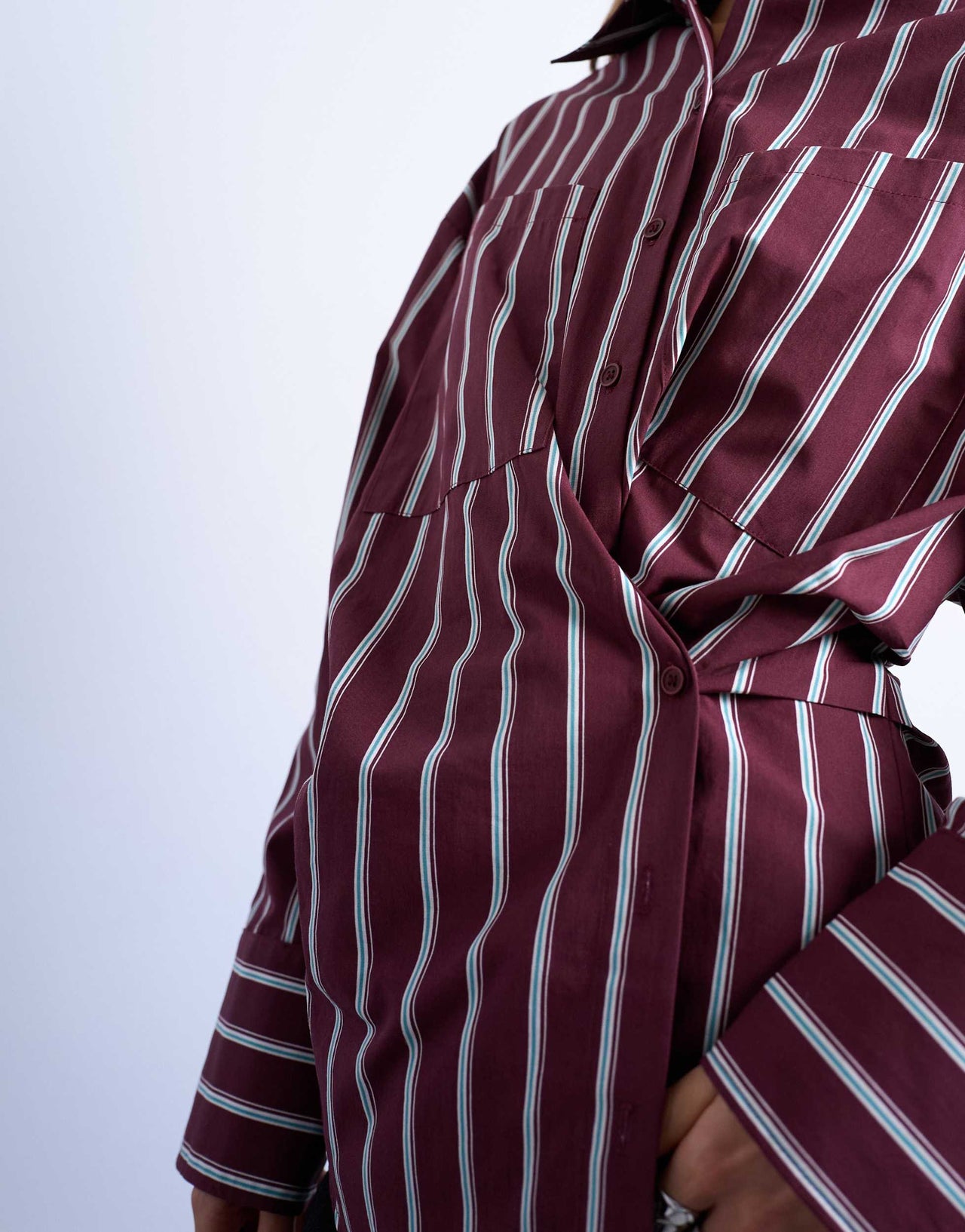 Topshop Asymmetric placket waisted long sleeve cinched shirt in burgundy stripe