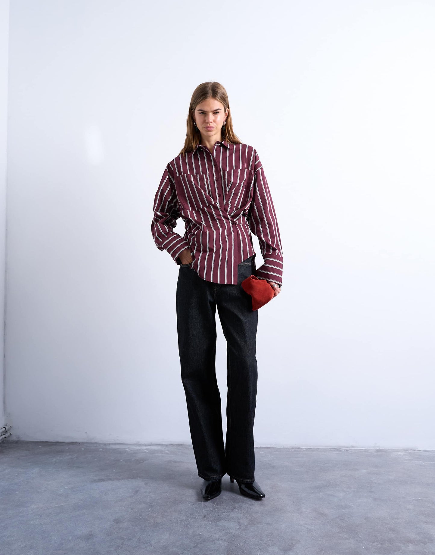 Topshop Asymmetric placket waisted long sleeve cinched shirt in burgundy stripe