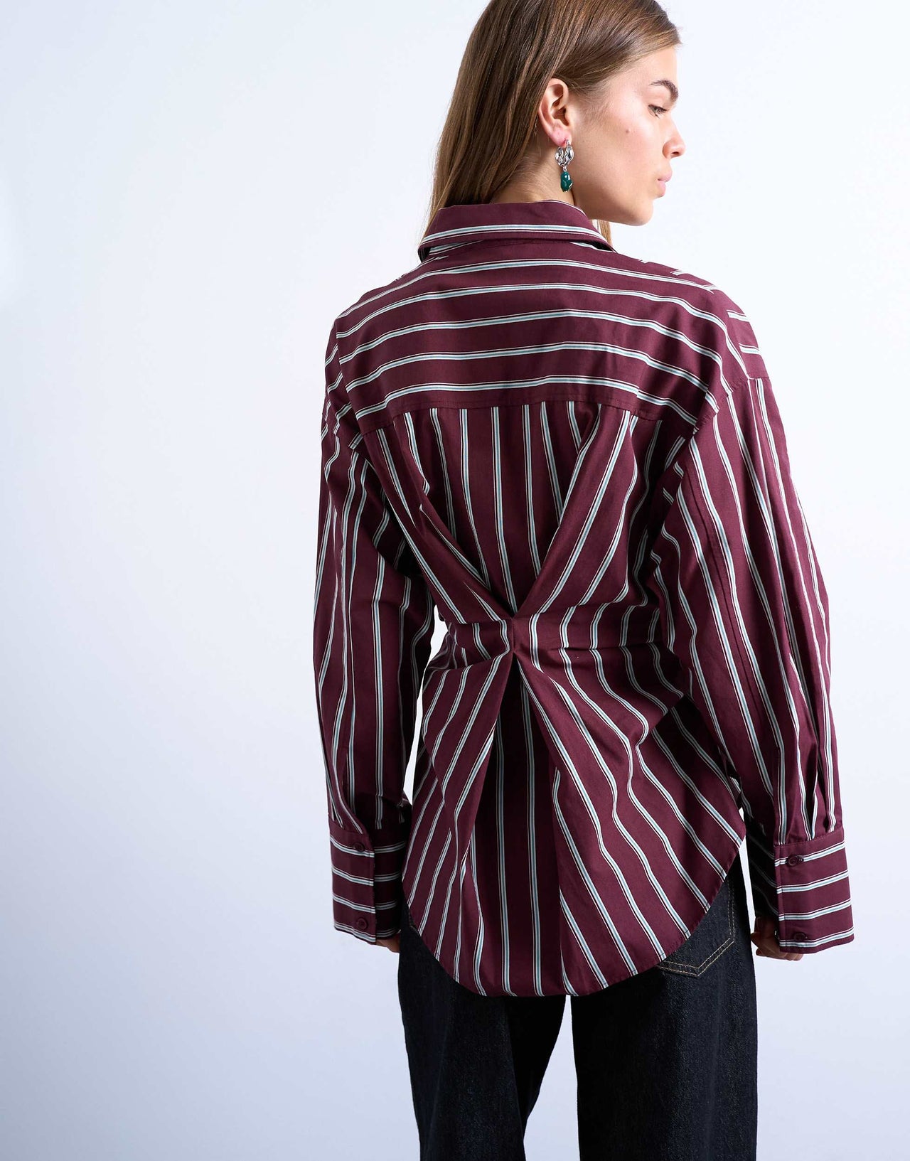 Topshop Asymmetric placket waisted long sleeve cinched shirt in burgundy stripe