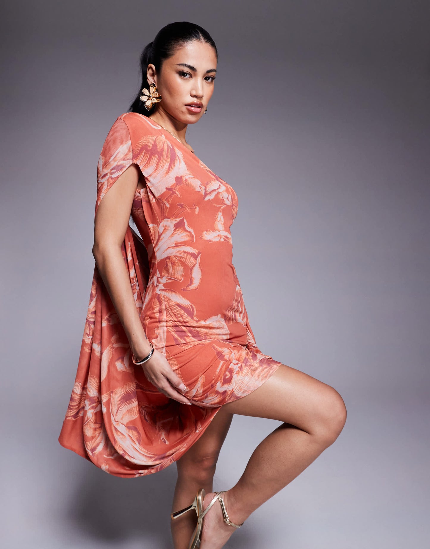 ASOS DESIGN printed mesh exaggerated drape one shoulder mini dress in floral print