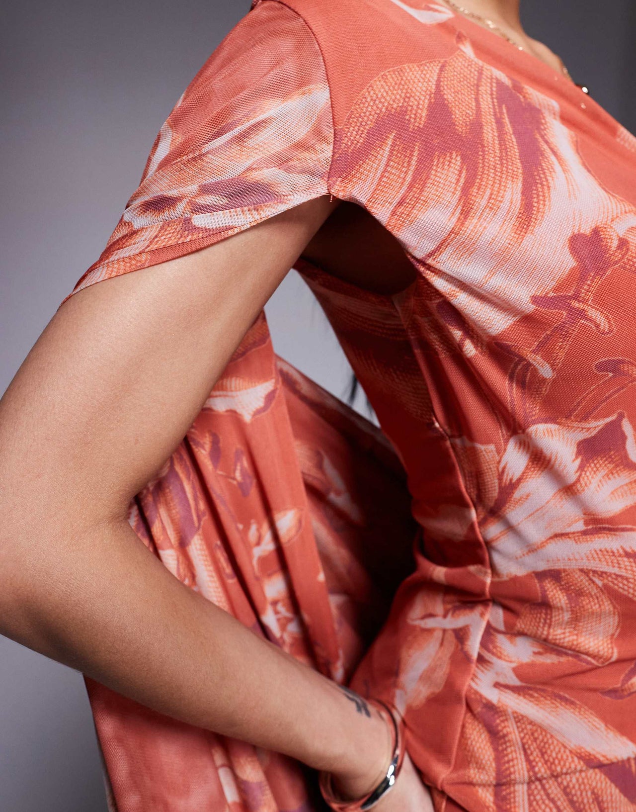 ASOS DESIGN printed mesh exaggerated drape one shoulder mini dress in floral print