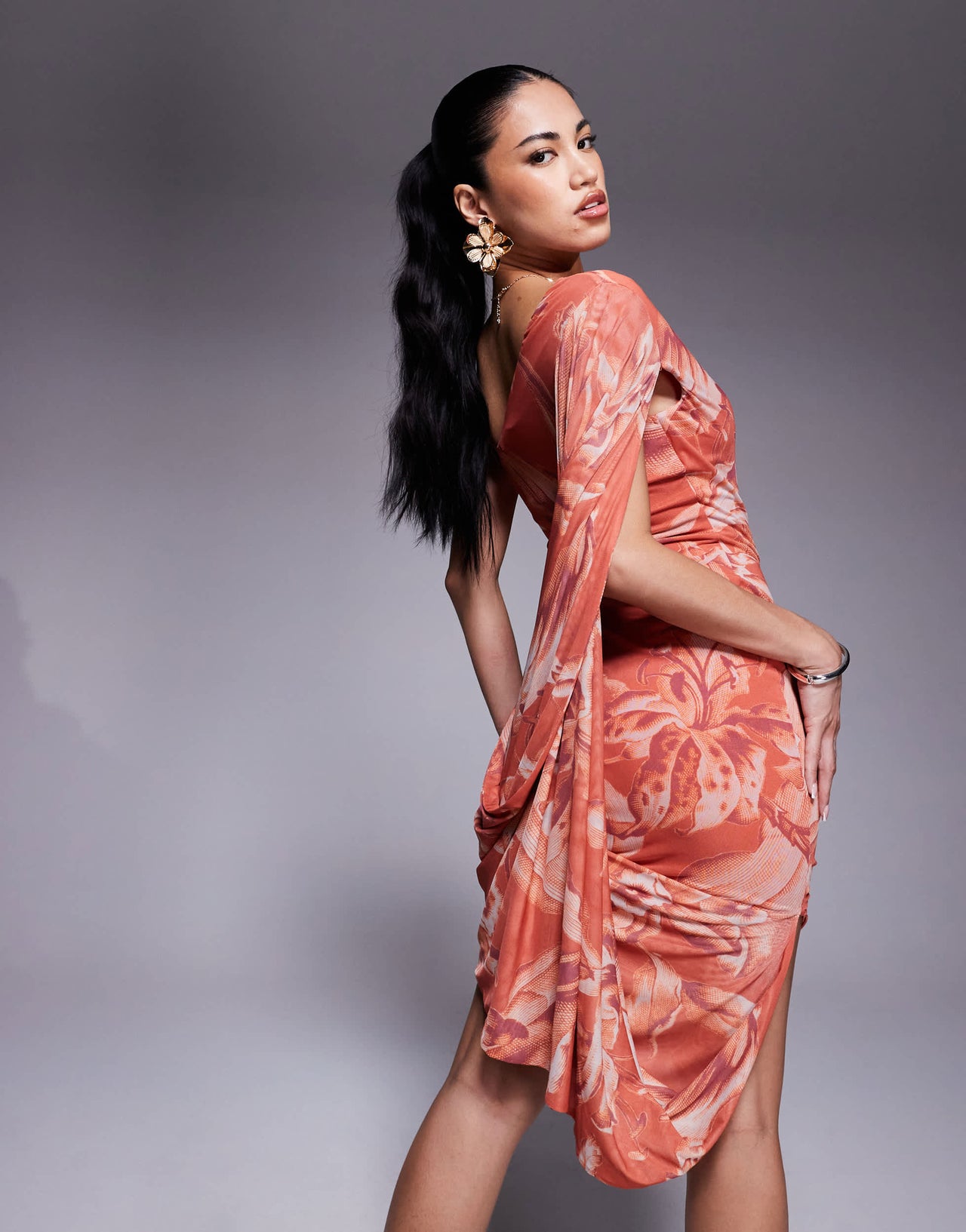 ASOS DESIGN printed mesh exaggerated drape one shoulder mini dress in floral print