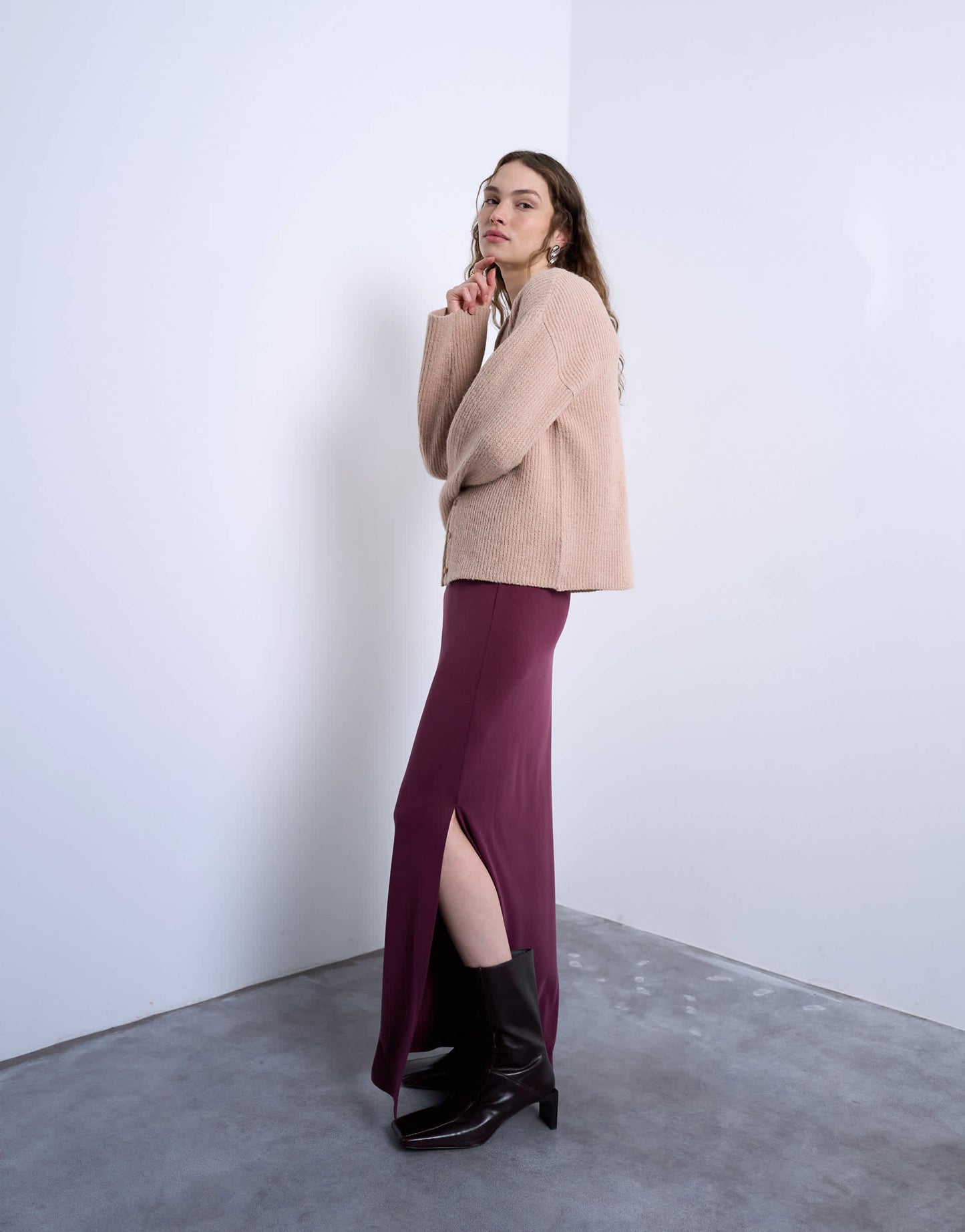 Topshop cupro ruched maxi skirt with hitch side detail in burgundy