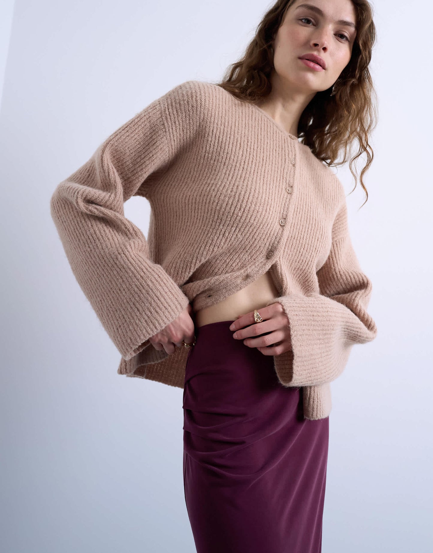 Topshop cupro ruched maxi skirt with hitch side detail in burgundy