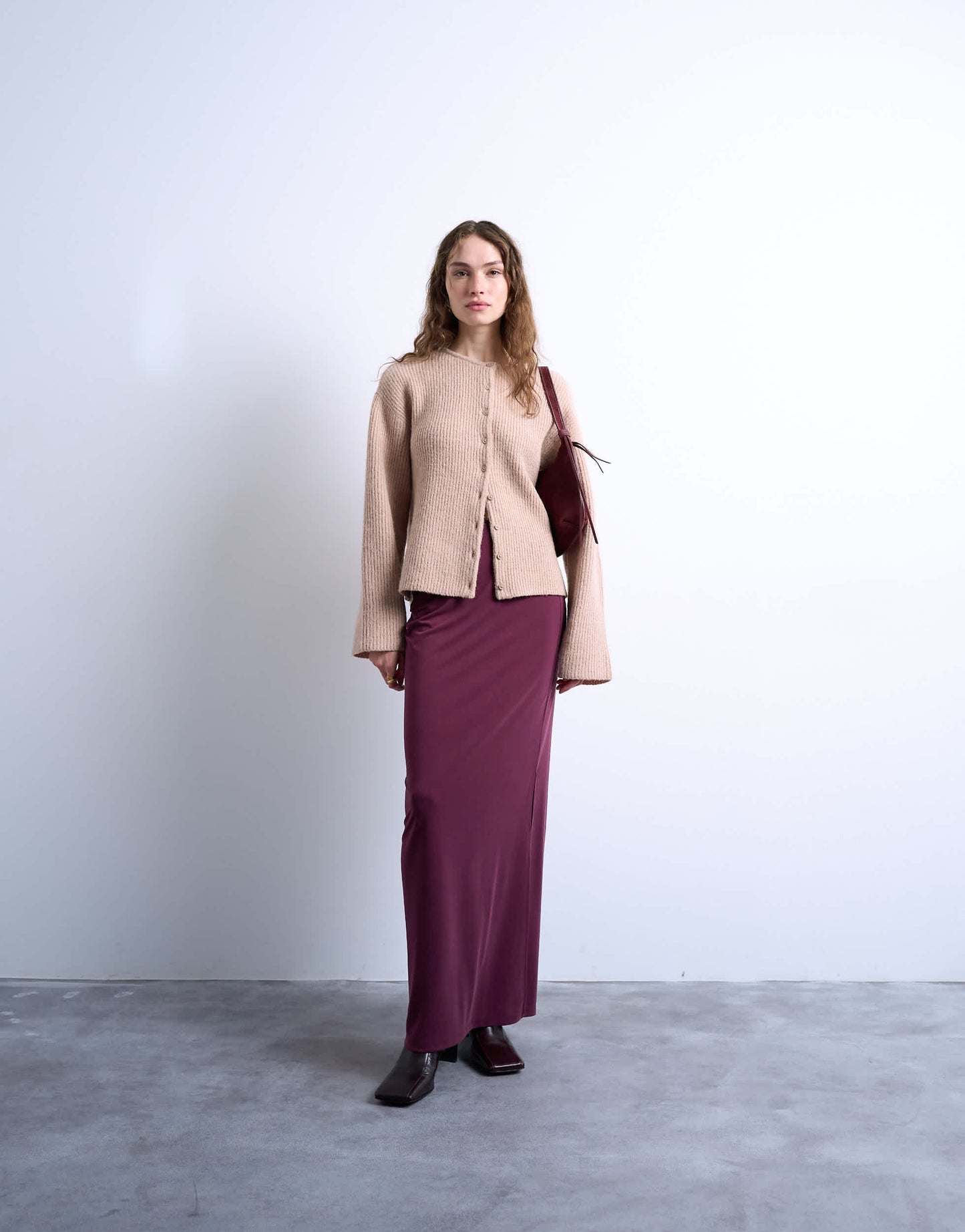 Topshop cupro ruched maxi skirt with hitch side detail in burgundy