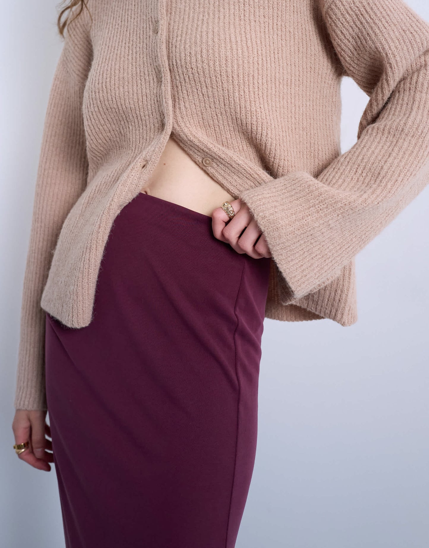 Topshop cupro ruched maxi skirt with hitch side detail in burgundy