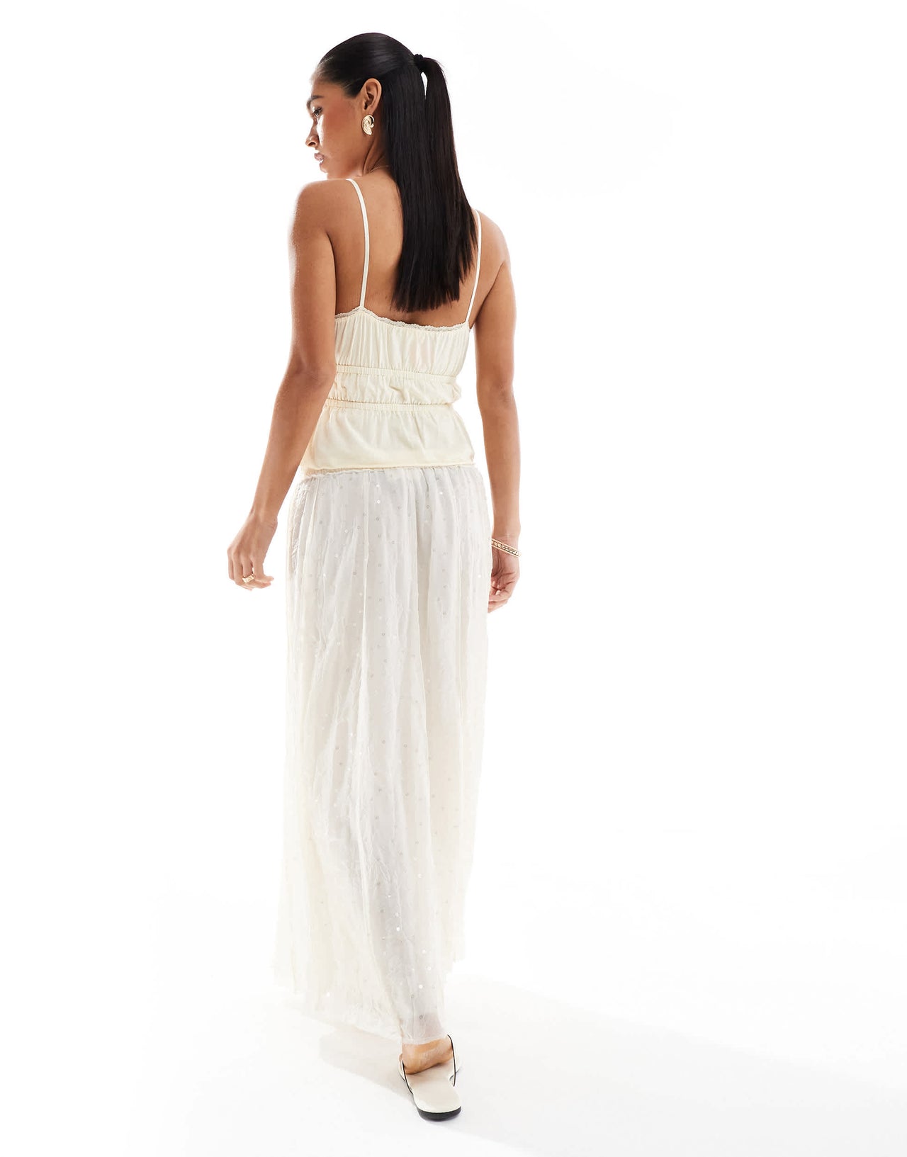 Pull&Bear sequin detail tiered maxi skirt in white