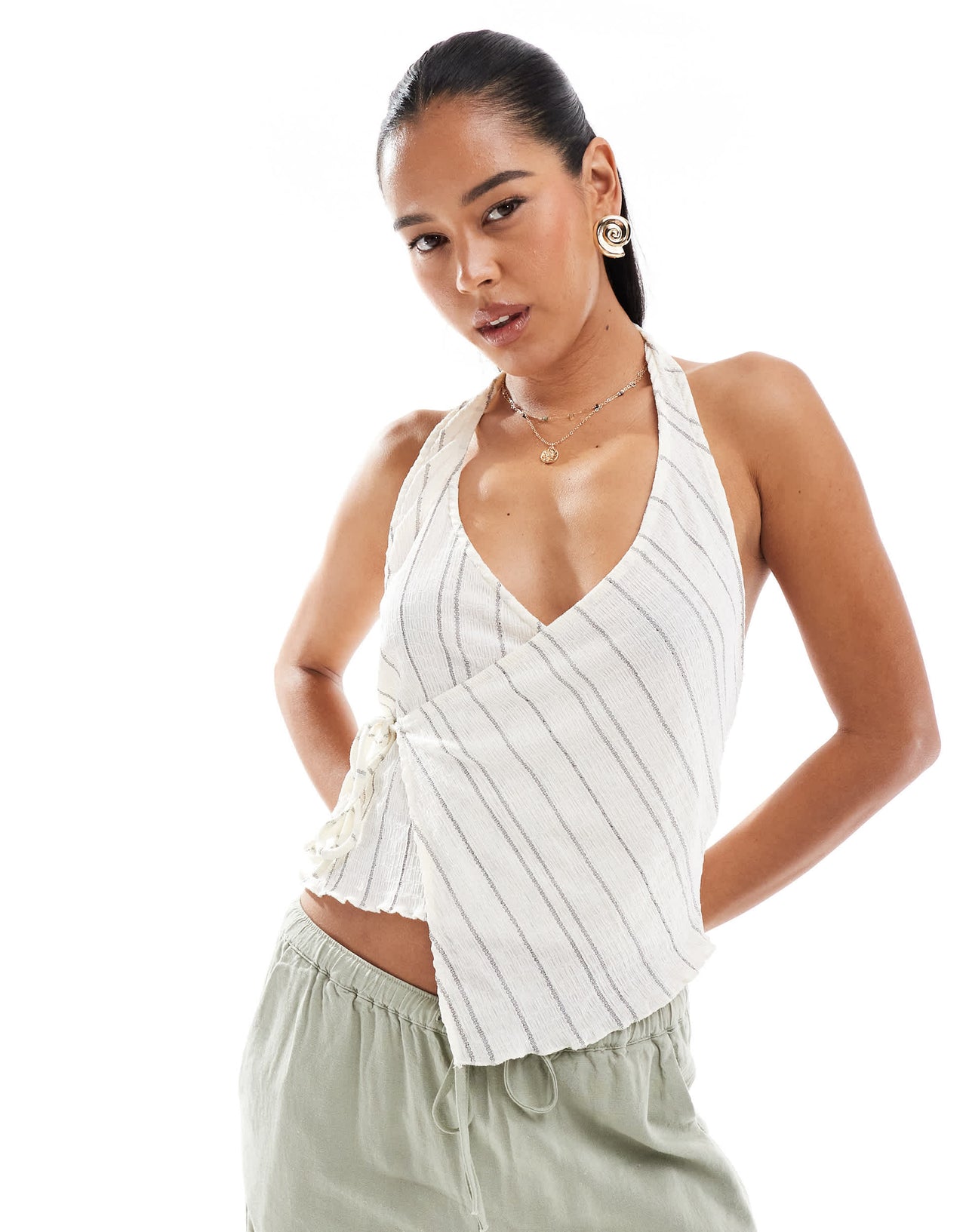 Pull&Bear rustic halter neck co-ord top in ecru stripe