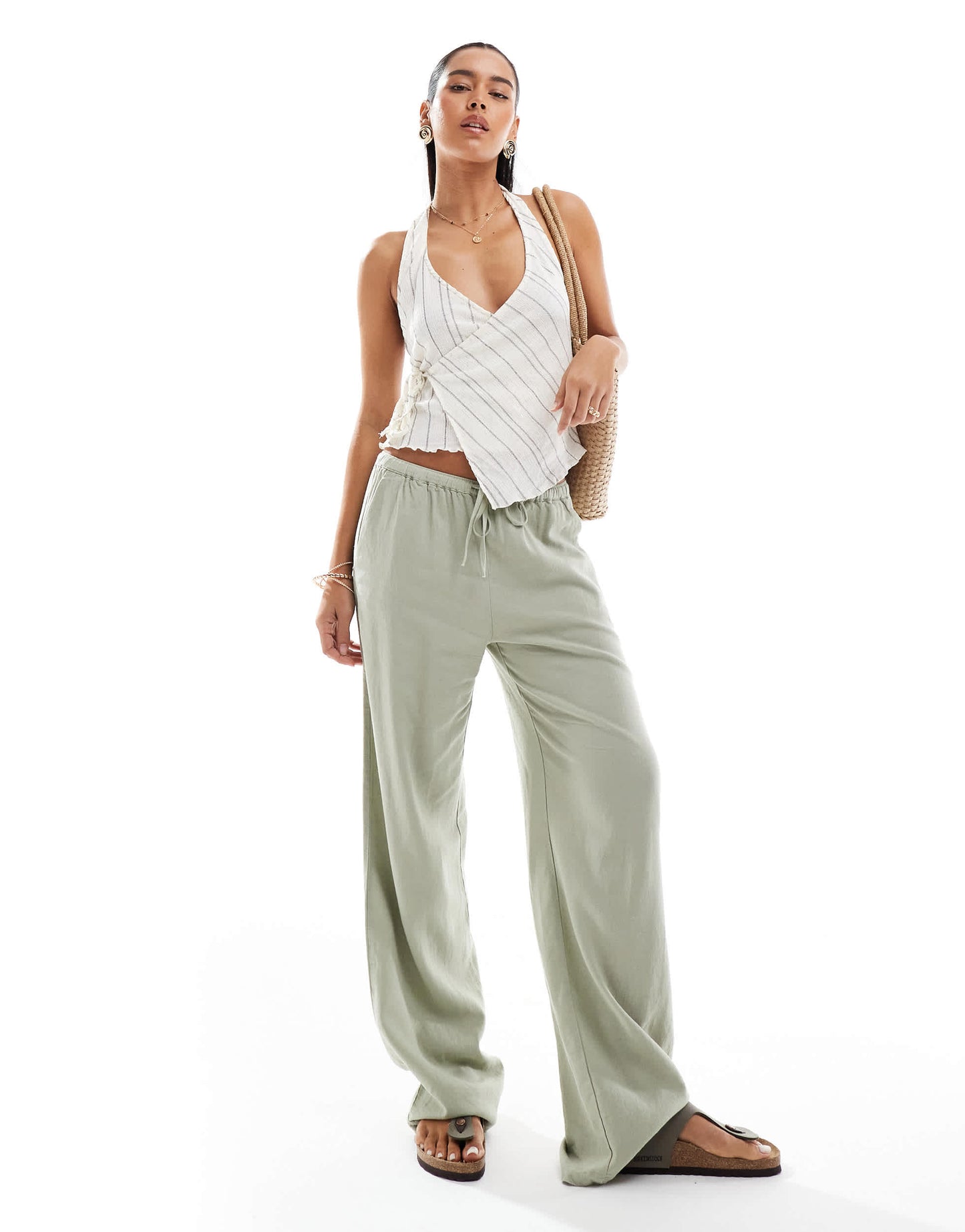 Pull&Bear rustic halter neck co-ord top in ecru stripe