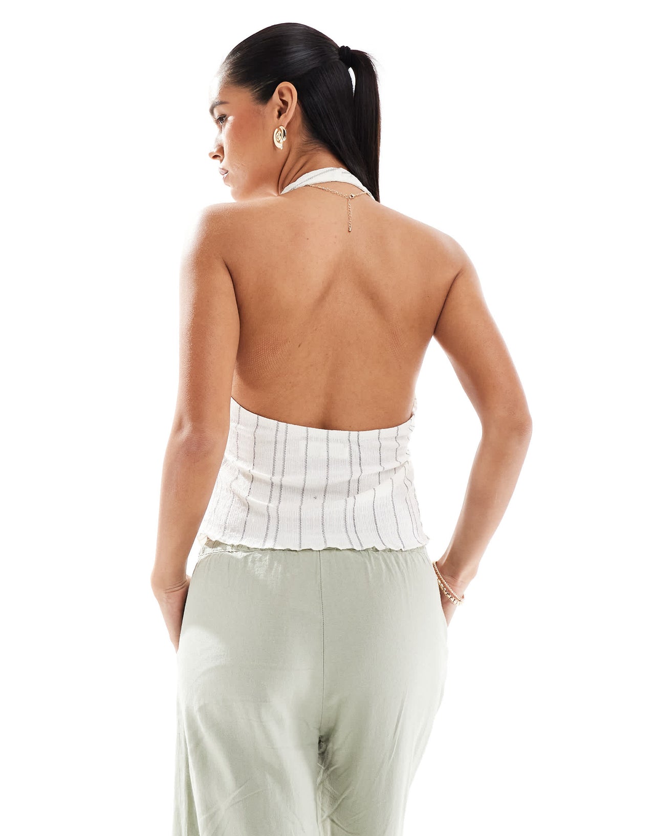 Pull&Bear rustic halter neck co-ord top in ecru stripe